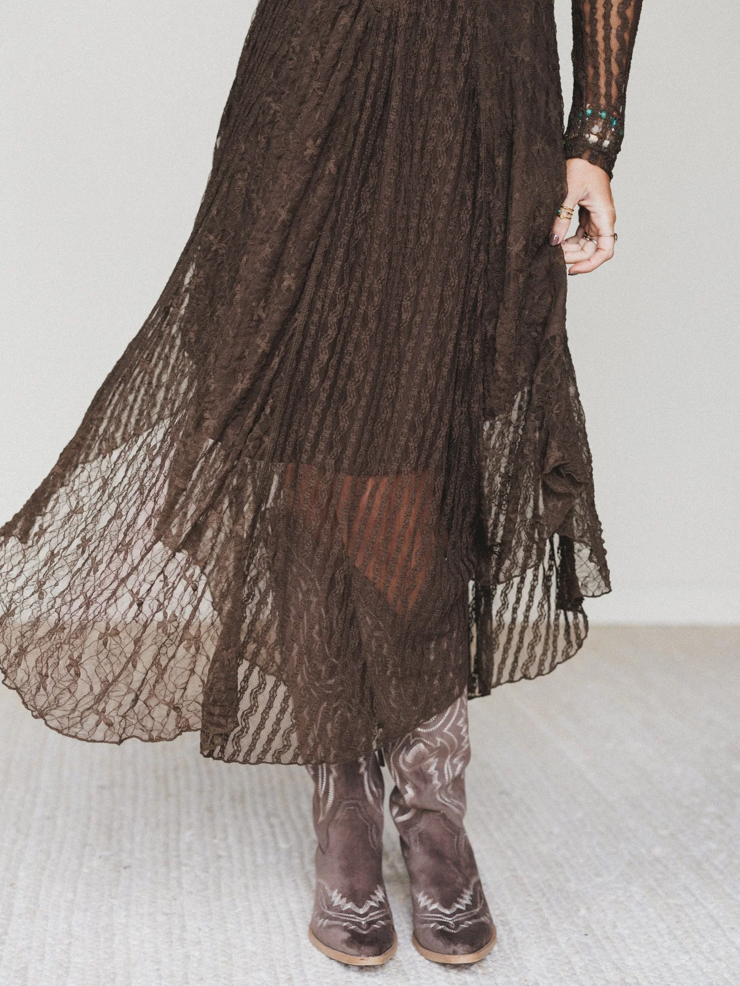 Lace Story Long Sleeve Midi Dress - Chocolate - Image 5