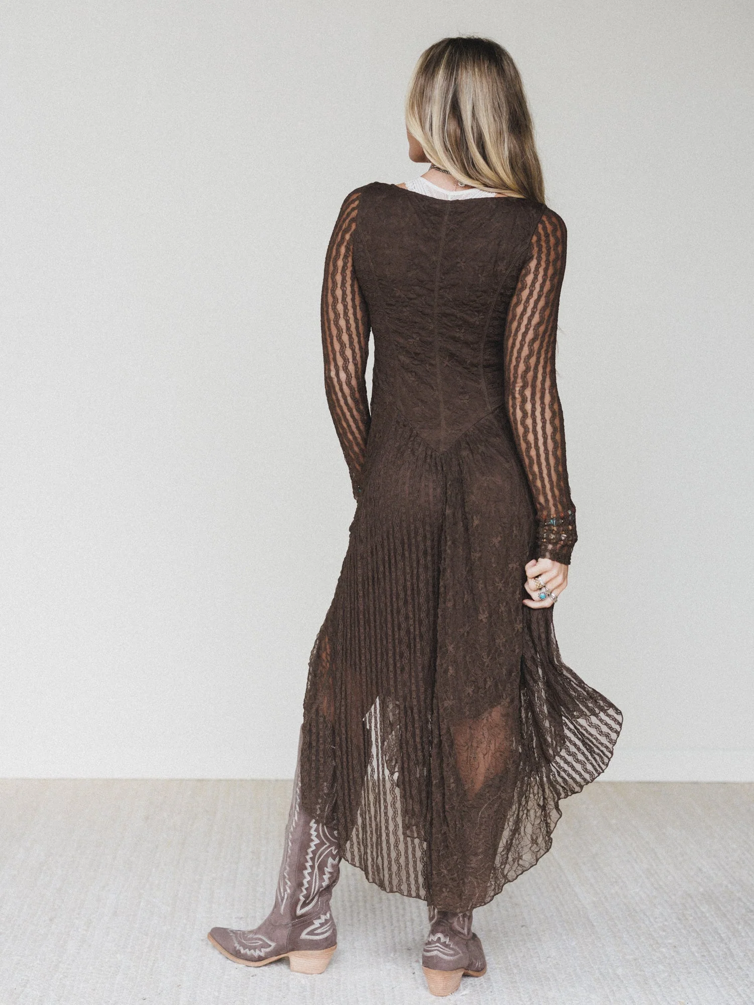 Lace Story Long Sleeve Midi Dress - Chocolate - Image 6