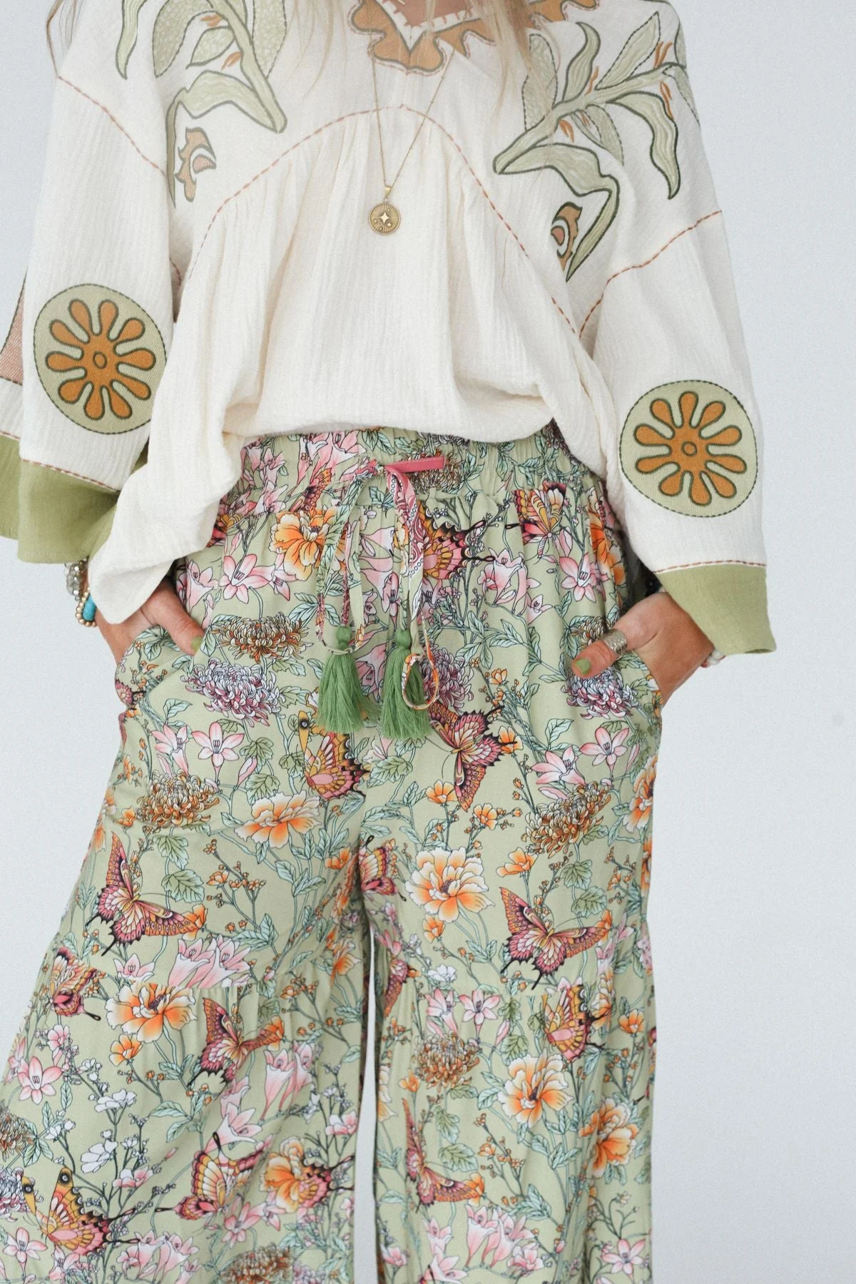 The Nest Lani Wide Leg Pants - Sage Butterfly Border Print - Image 3