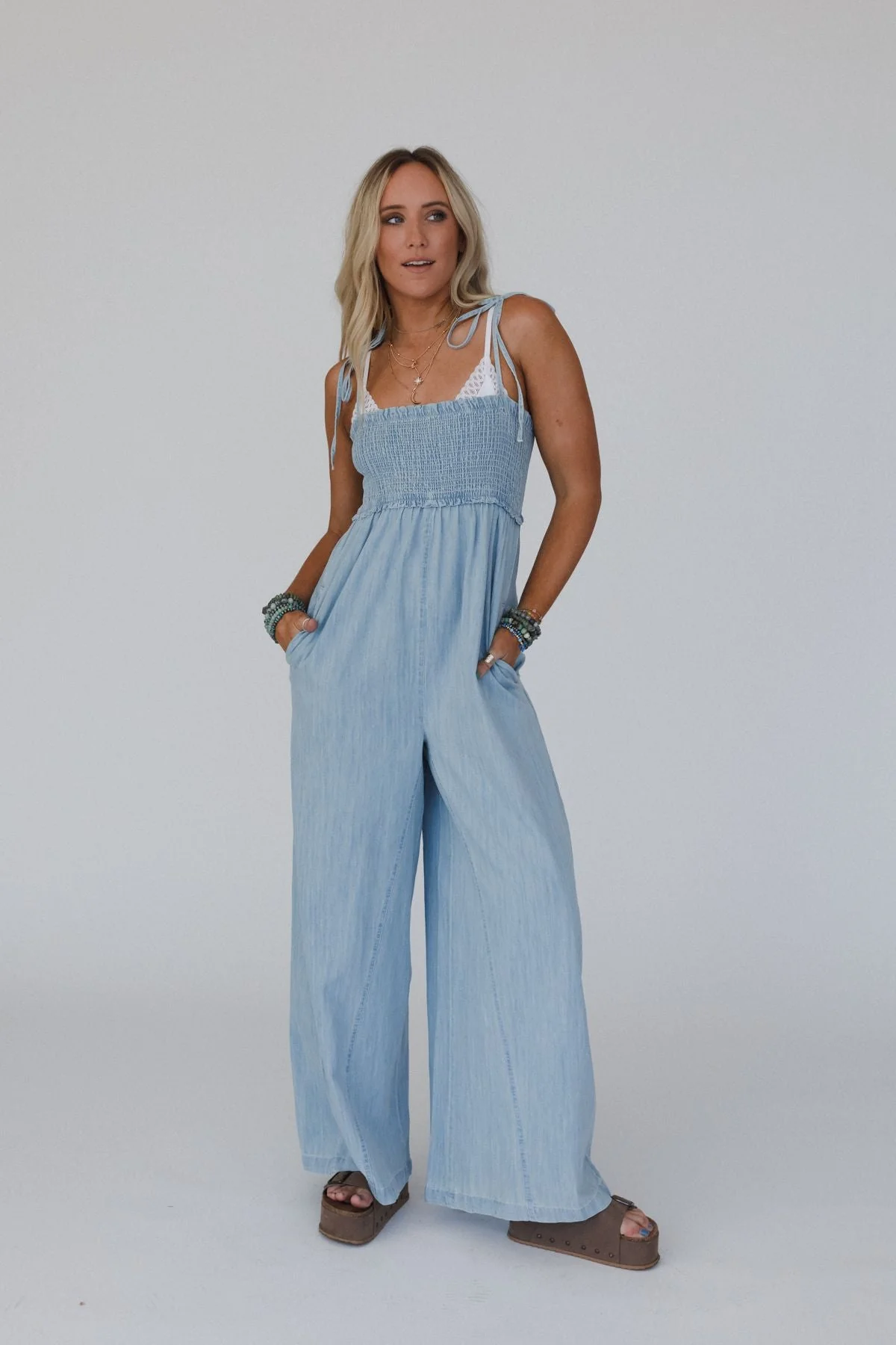 The Nest Last Call Smocked Jumpsuit - Light Wash - Image 3