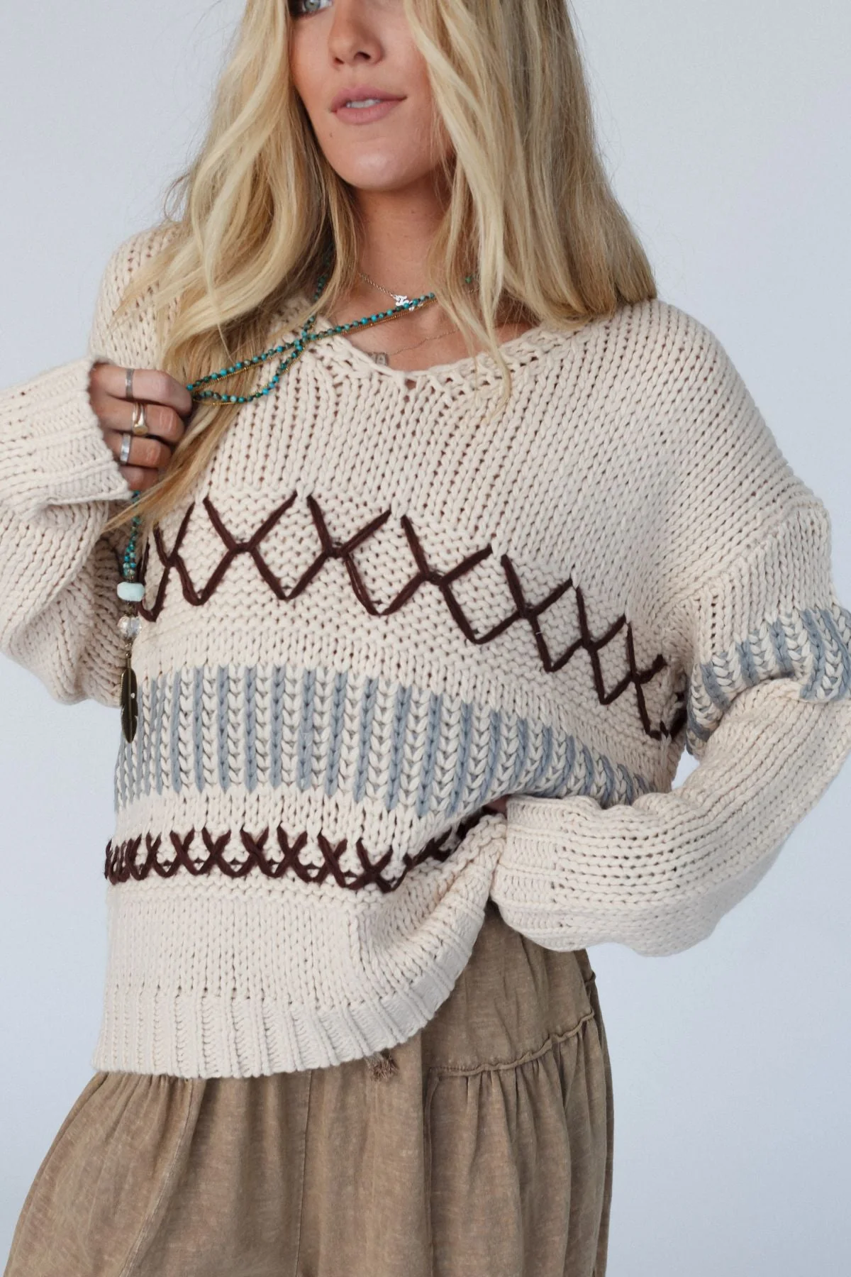 LeAnn V Neck Sweater - Oatmeal - Image 3