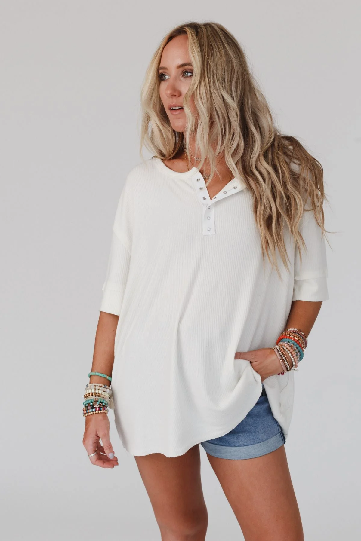 The Nest Leila Ribbed Henley Top - Ivory - Pre Order