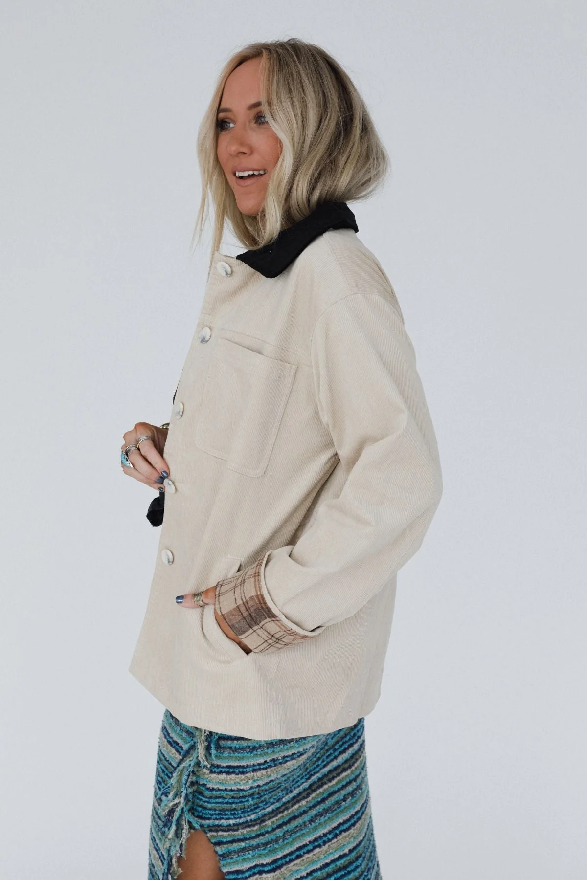 Leni Plaid Corduroy Coat - Beige - Image 3