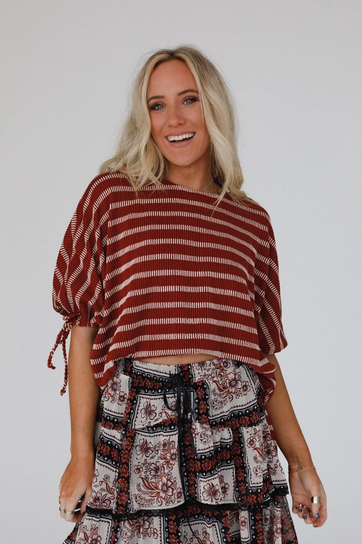 The Nest Little Lark Striped Puff Sleeve Tee - Rust - Image 4