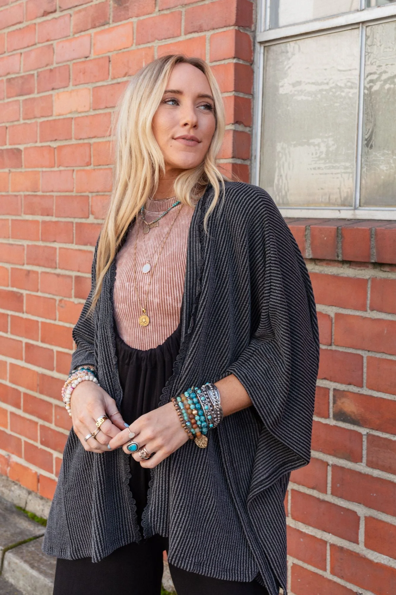 The Nest Lotus Lace Trim Ribbed Knit Kimono - Charcoal - Image 12