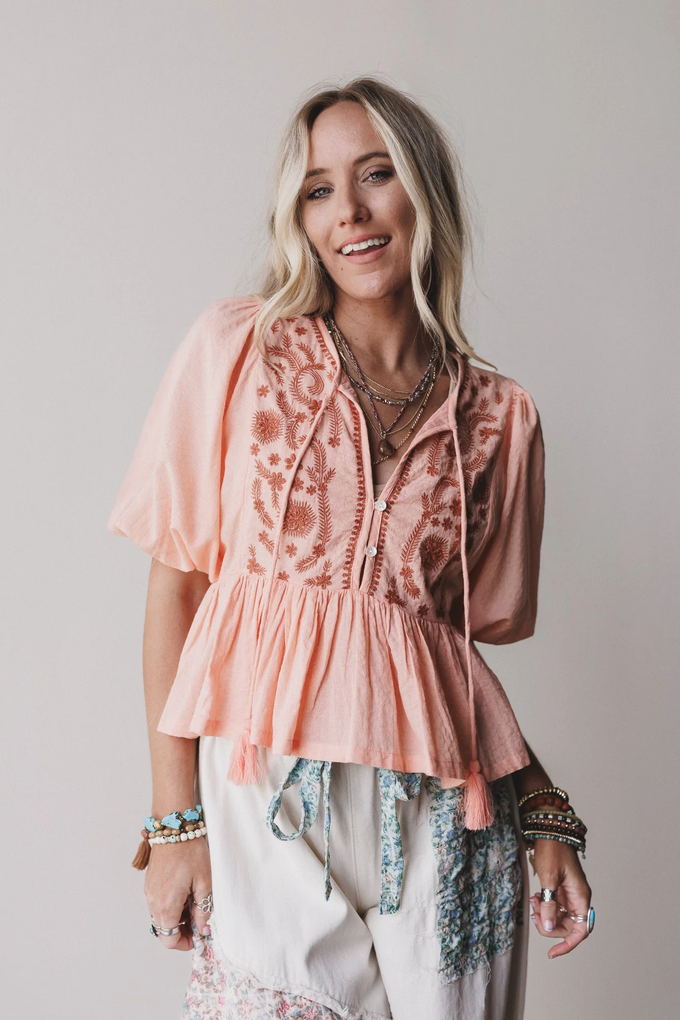 Louella Embroidered Peplum Top - Coral - Image 4