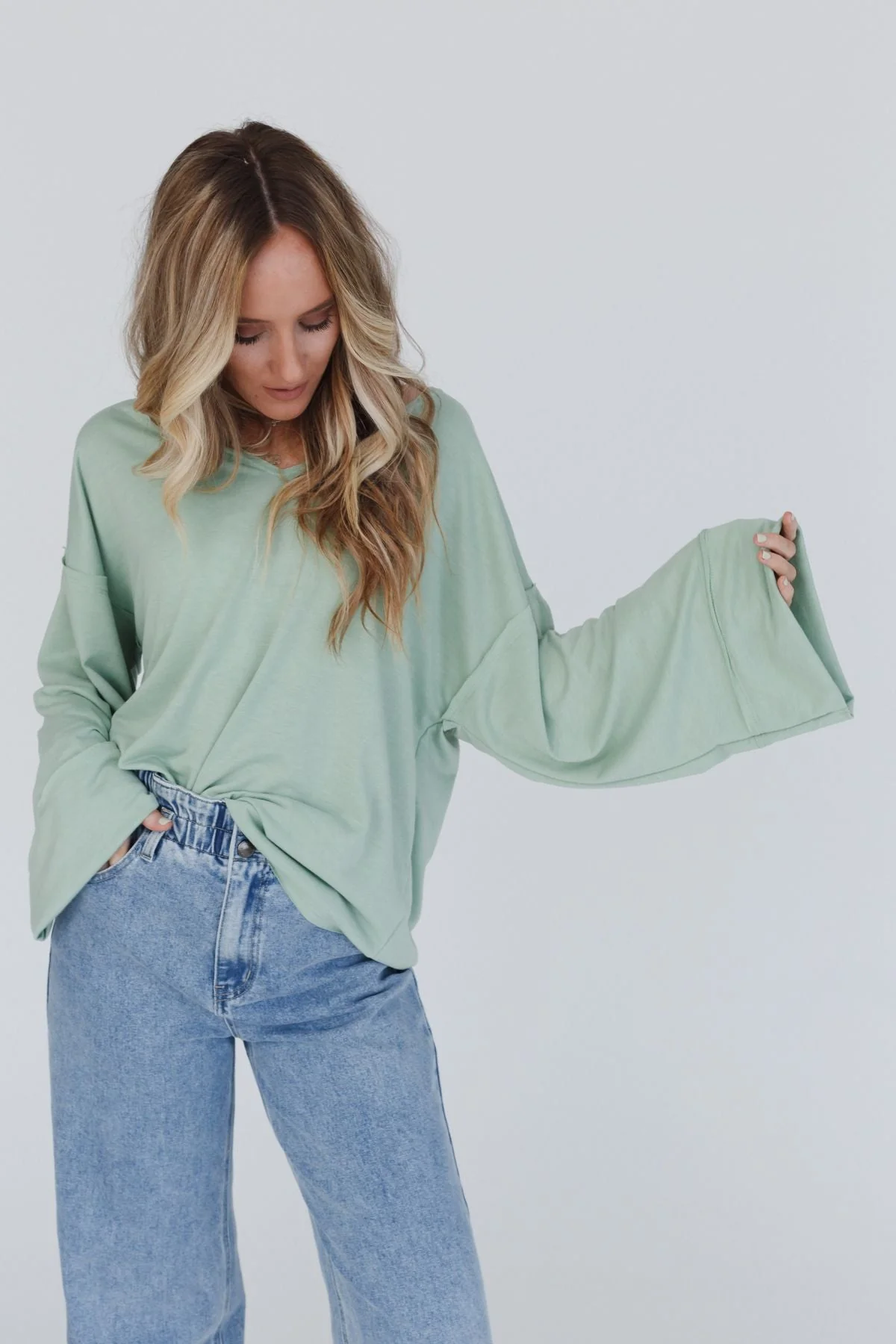 The Nest Love It V Neckline Sweater Top - Light Sage - Image 3