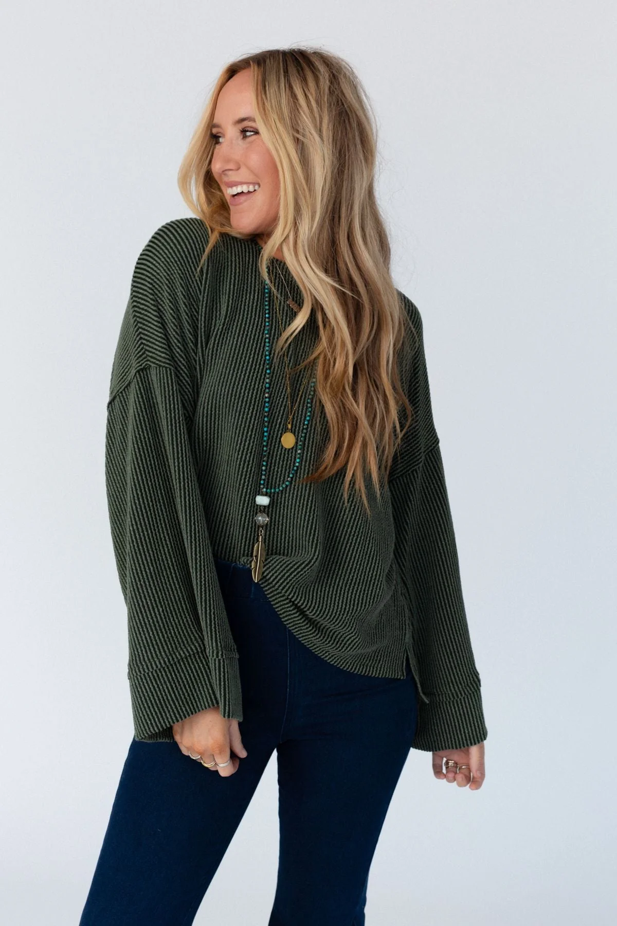The Nest Love It Round Neckline Textured Top - Olive