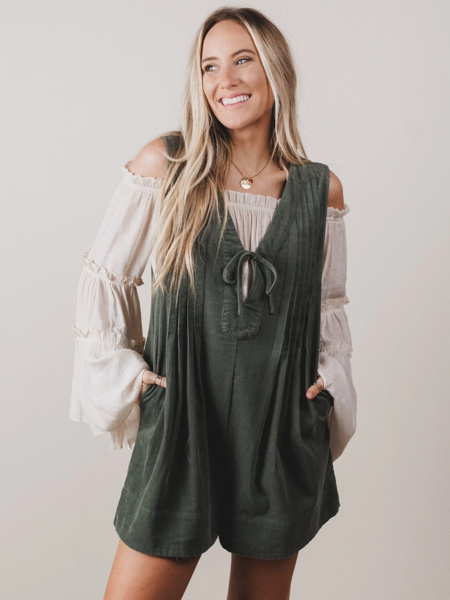 Love Stories Pleated Romper - Olive