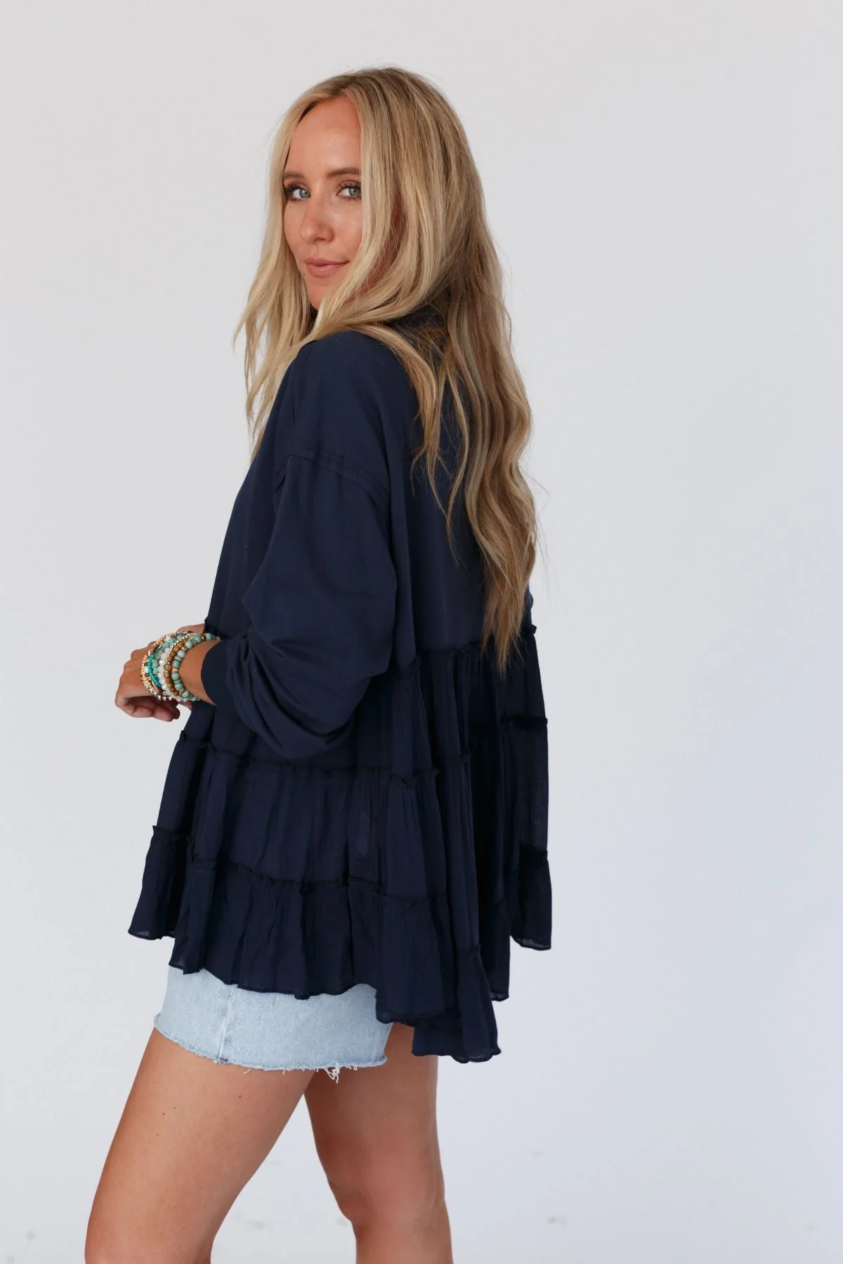 Madeira Tiered Babydoll Top - Navy - Image 5
