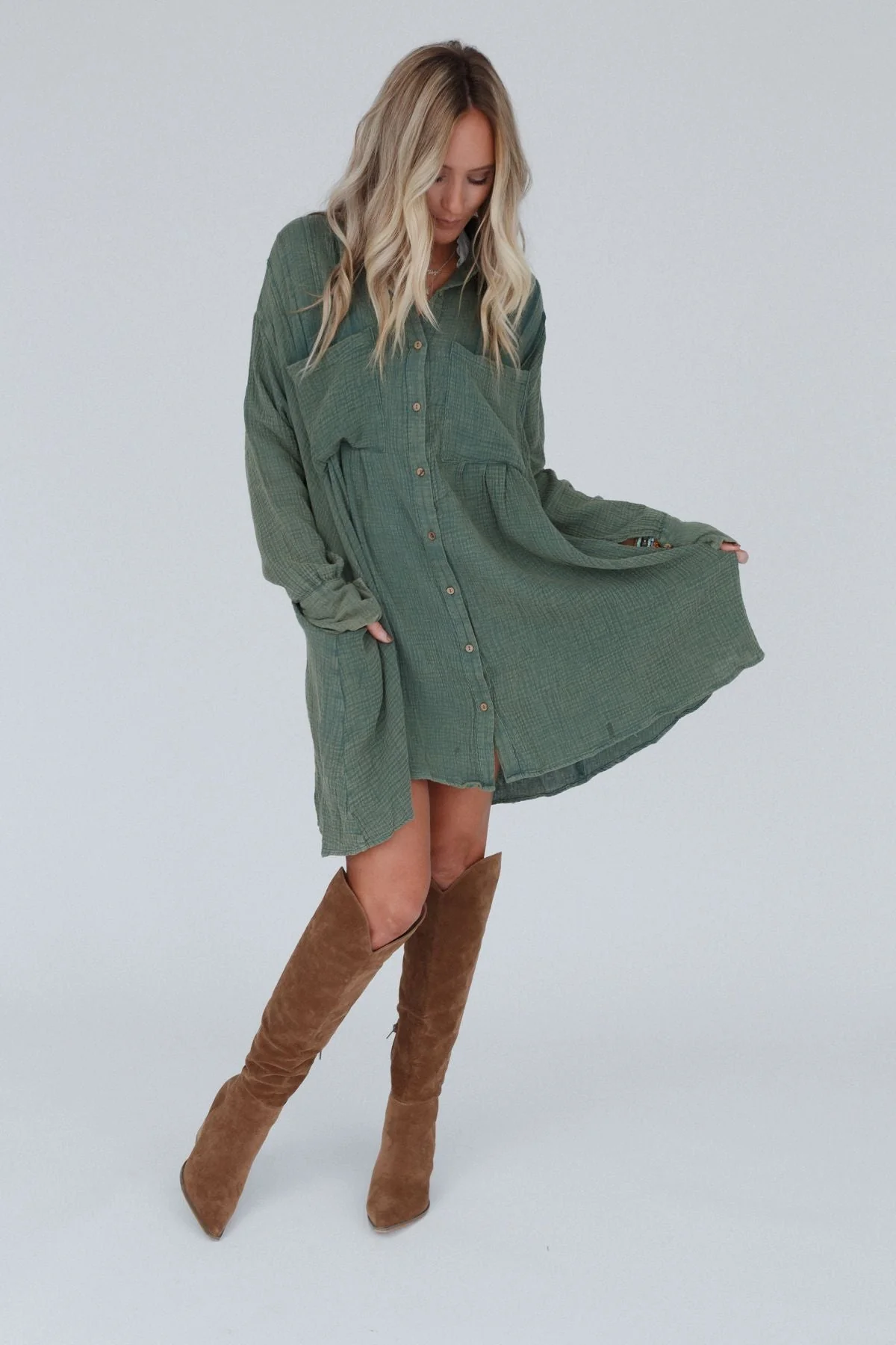 Marci Button Down Tunic Dress - Olive - Image 5