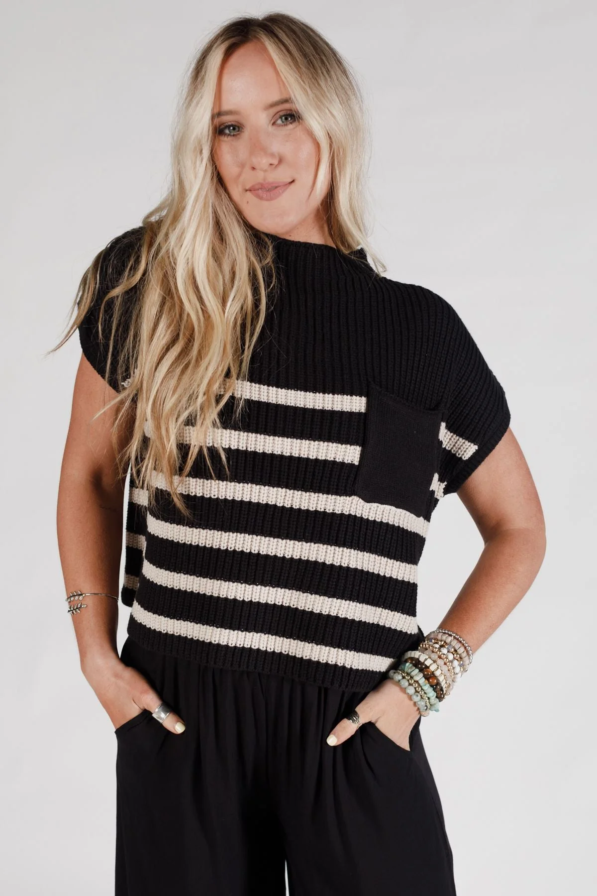 Margot Striped Sweater Top - Black - Image 3