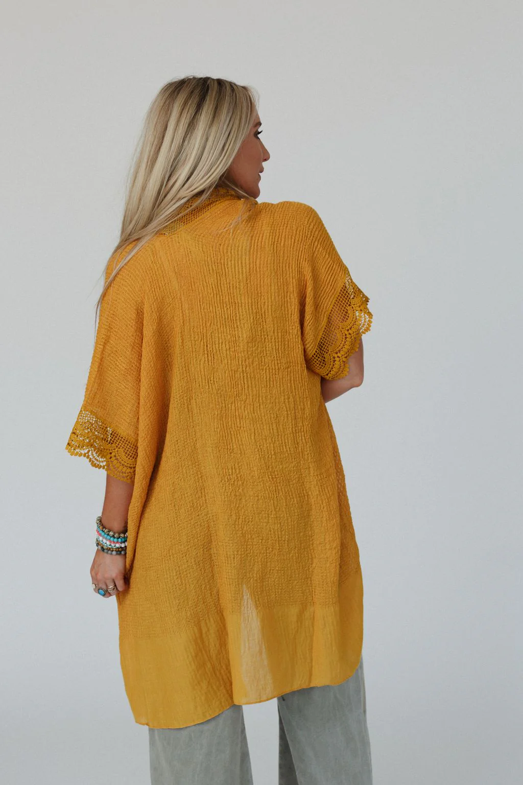 Marie Lace Trim Kimono - Mustard - Image 3