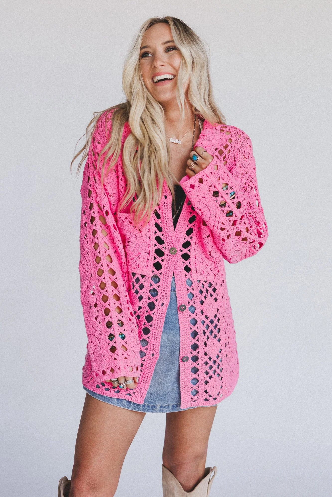 Marisela Crochet Button Down Top - Pink - Image 2