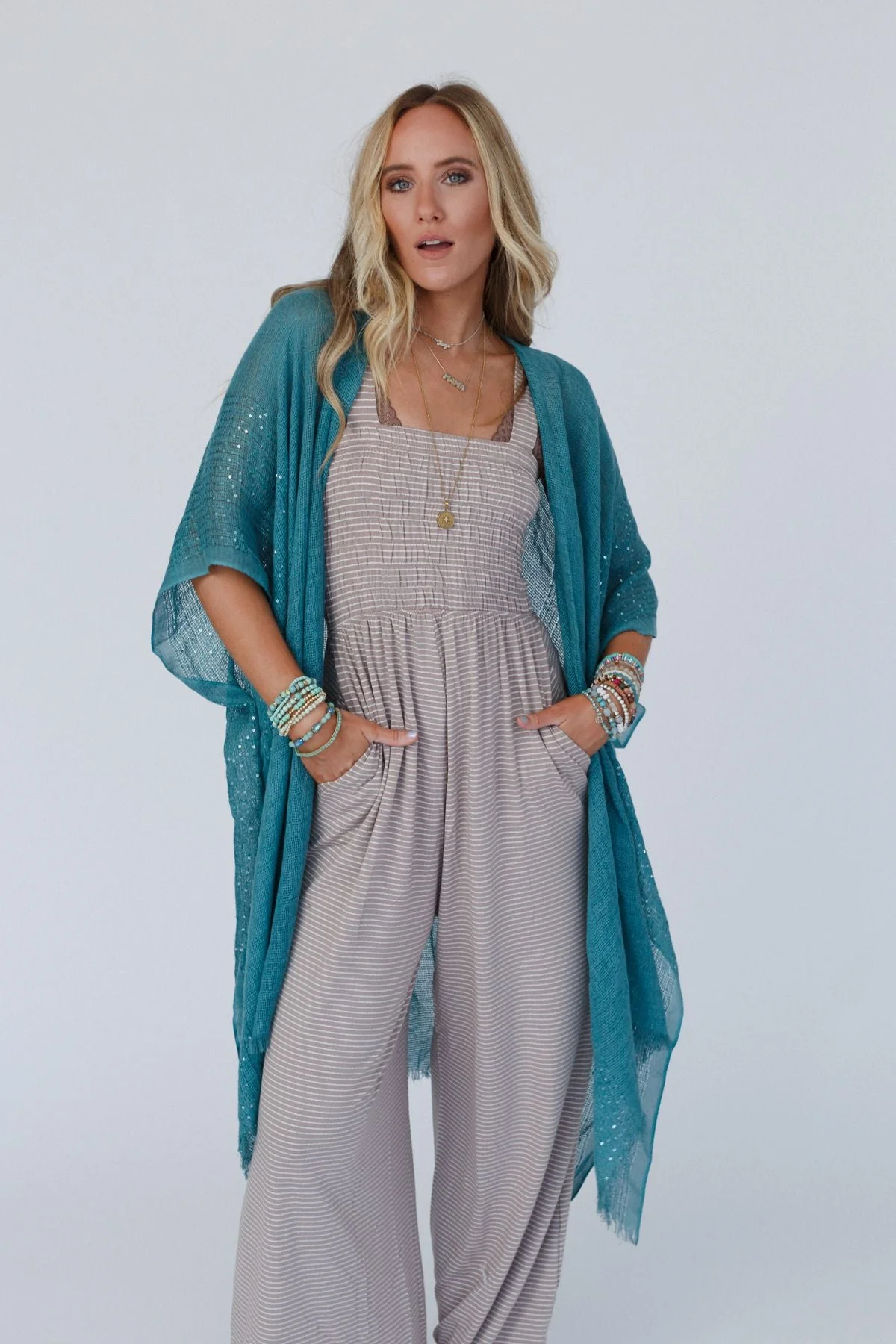 Mikka Sequin Frayed Trim Kimono - Teal - Image 7