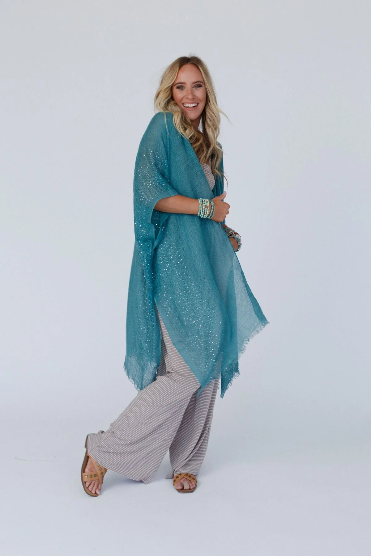 Mikka Sequin Frayed Trim Kimono - Teal - Image 2
