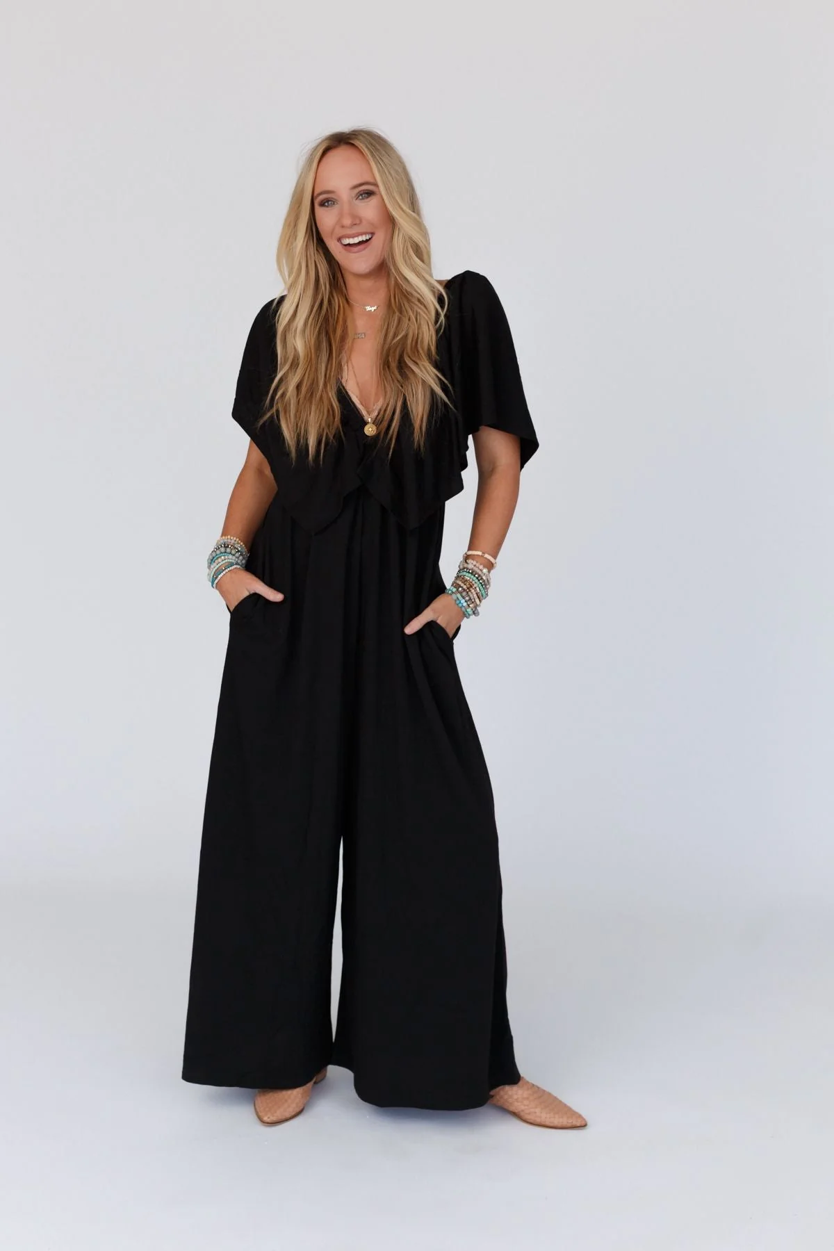 The Nest On Repeat Open Back Ruffle Jumpsuit - Black - Image 5