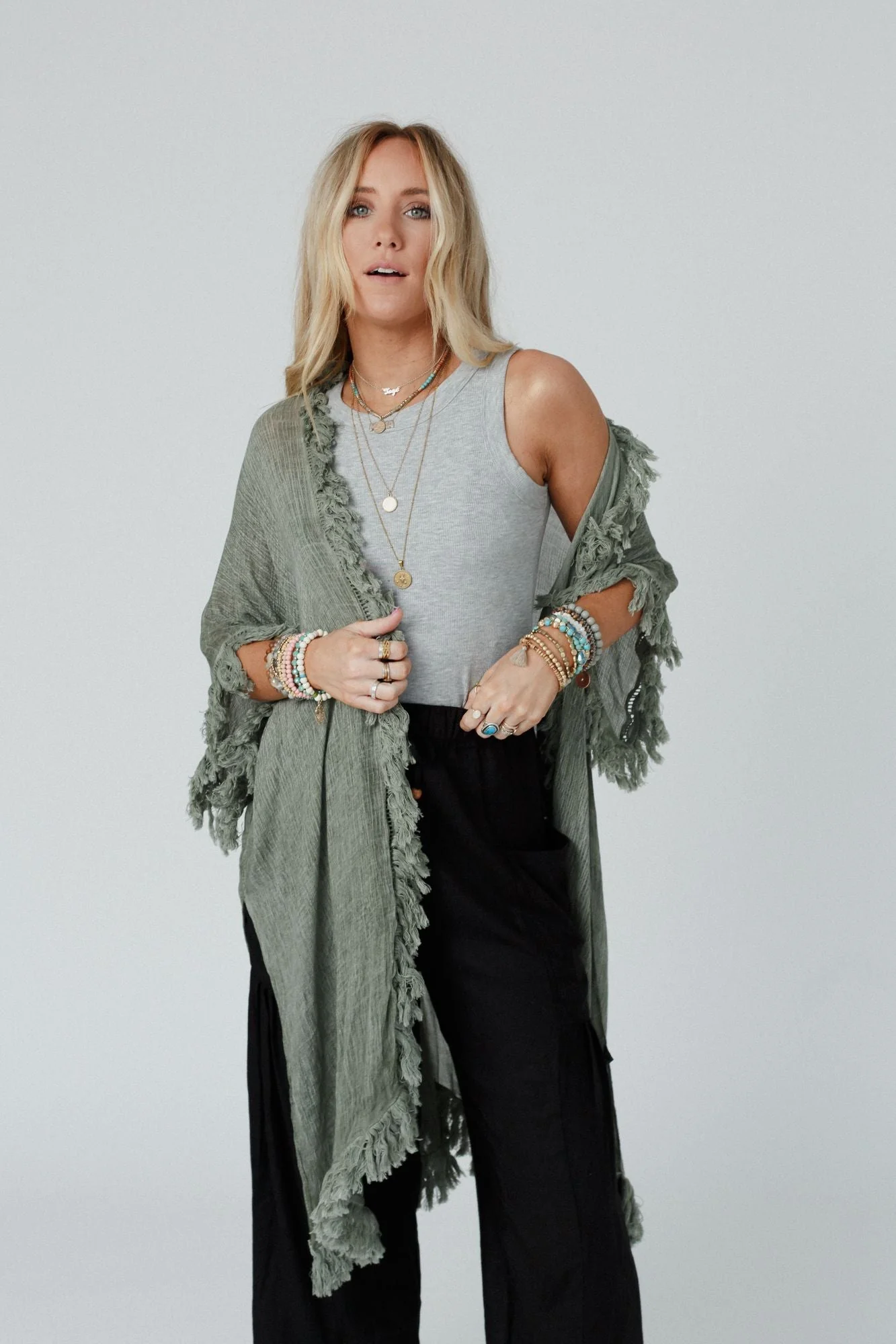On The Edge Fringe Kimono - Olive - Image 3