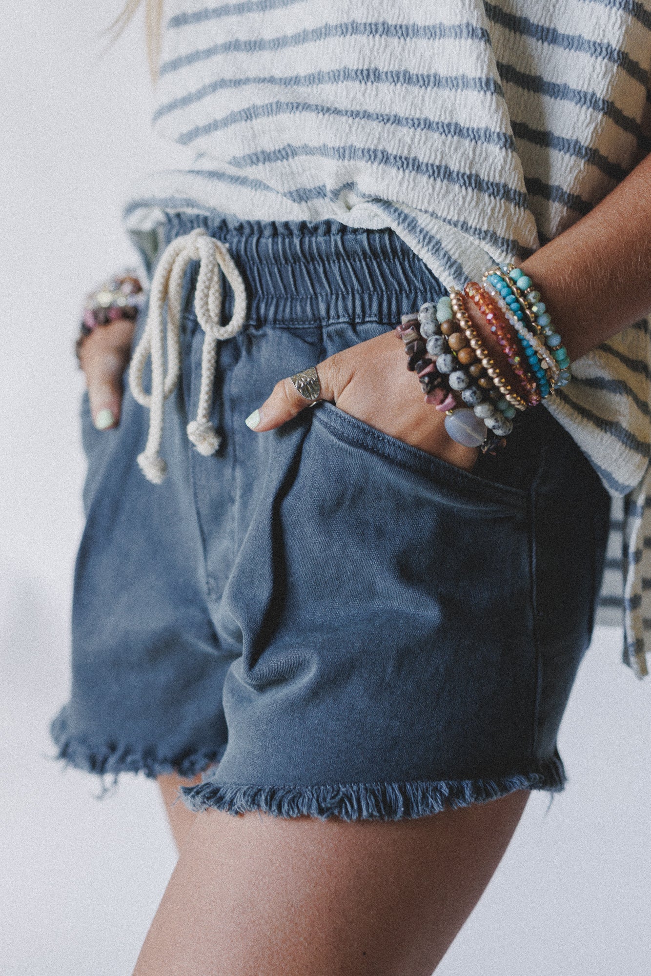 Open Sunroof Frayed Denim Shorts - Black - Image 4
