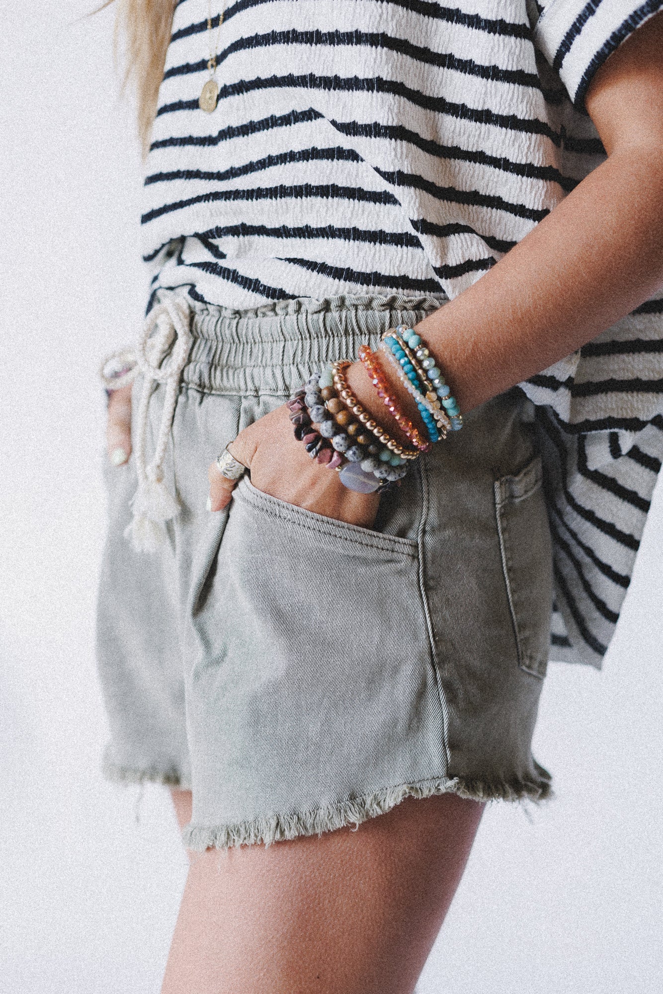 Open Sunroof Frayed Denim Shorts - Olive - Image 5