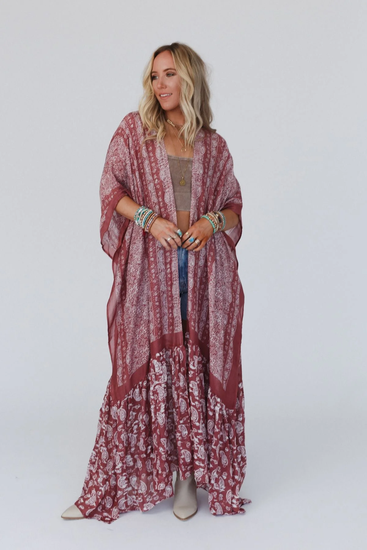 Paisley Tapestry Free Flow Duster Kimono - Wine - Image 6