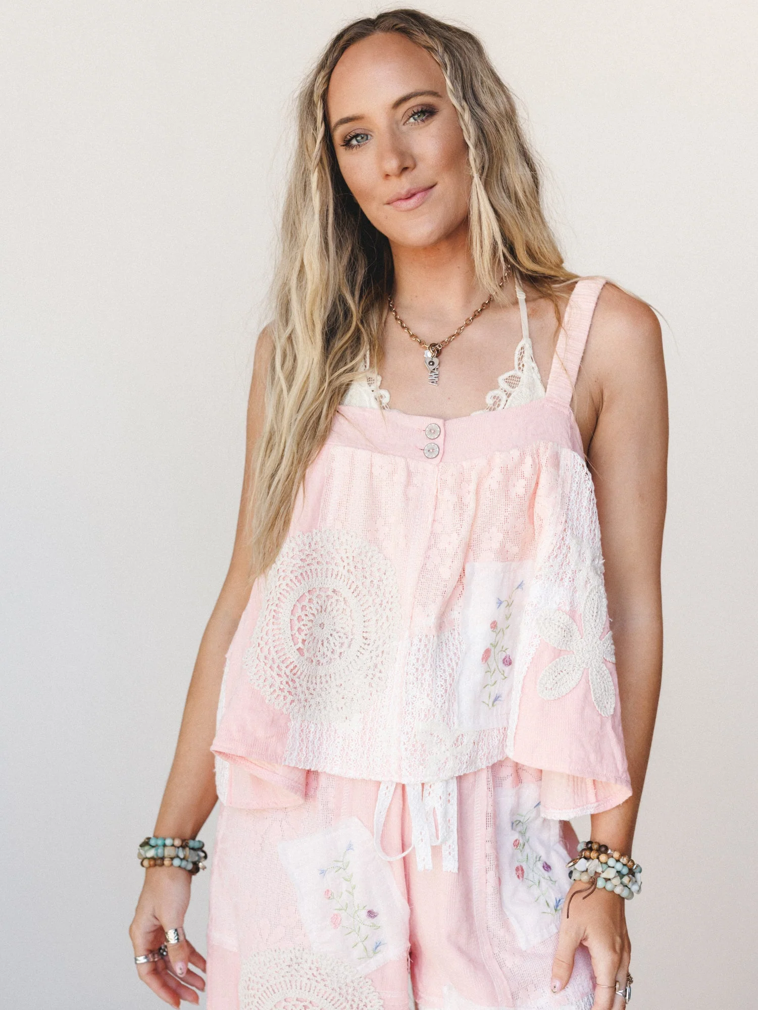 Patchwork Parade Woven Top  - Pale Pink