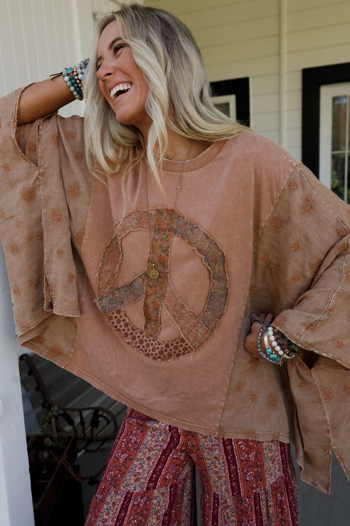 Peace Path Embroidered Top - Mocha - Image 4
