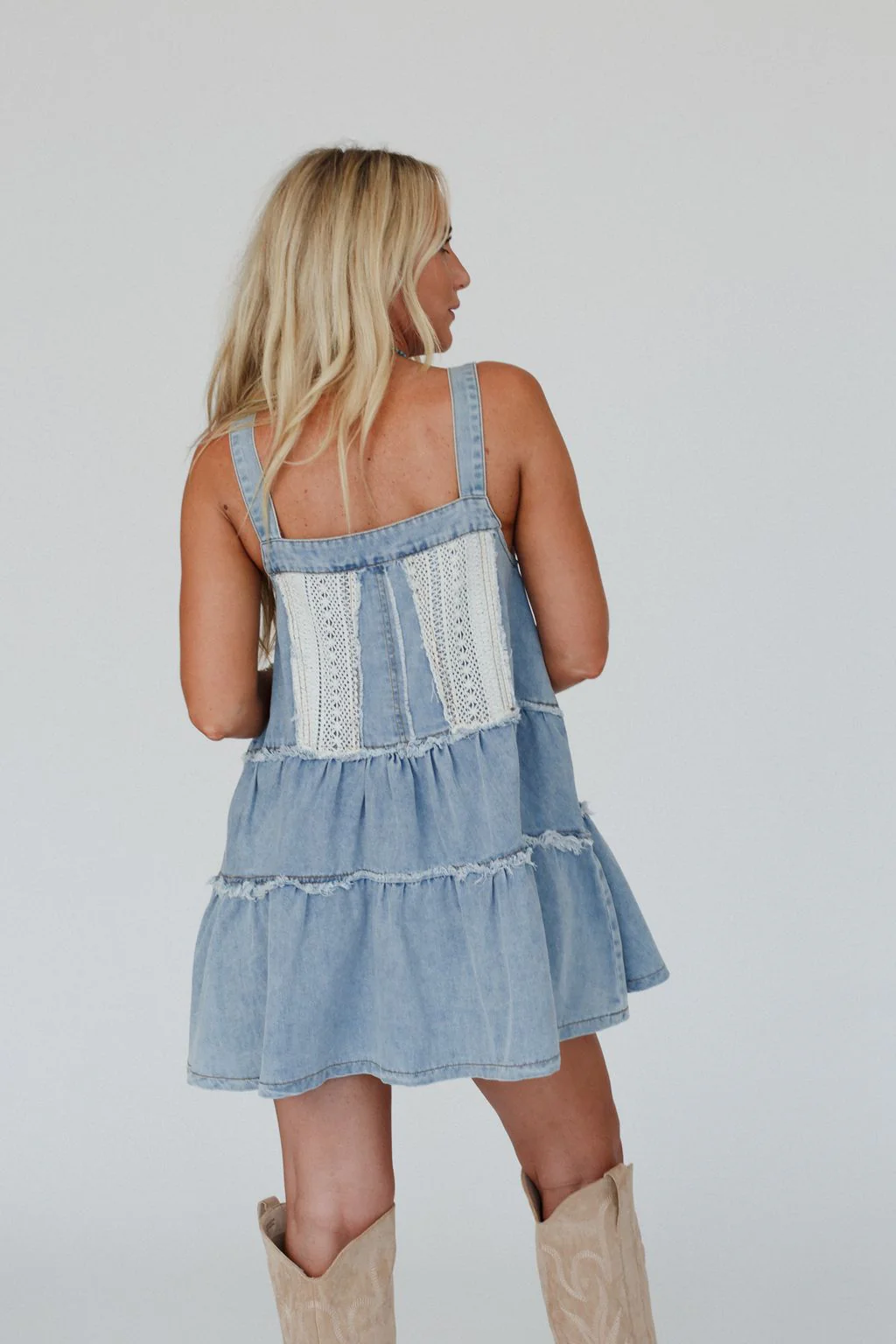 Petal Pockets Crochet Denim Dress - Denim - Image 4