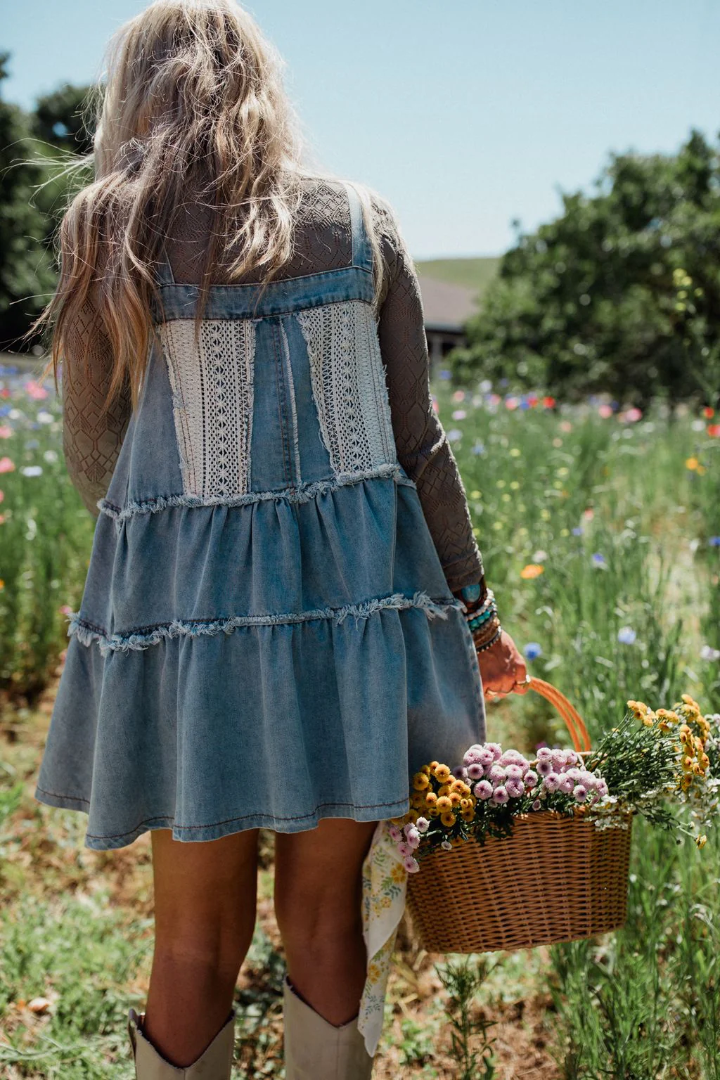 Petal Pockets Crochet Denim Dress - Denim - Image 7