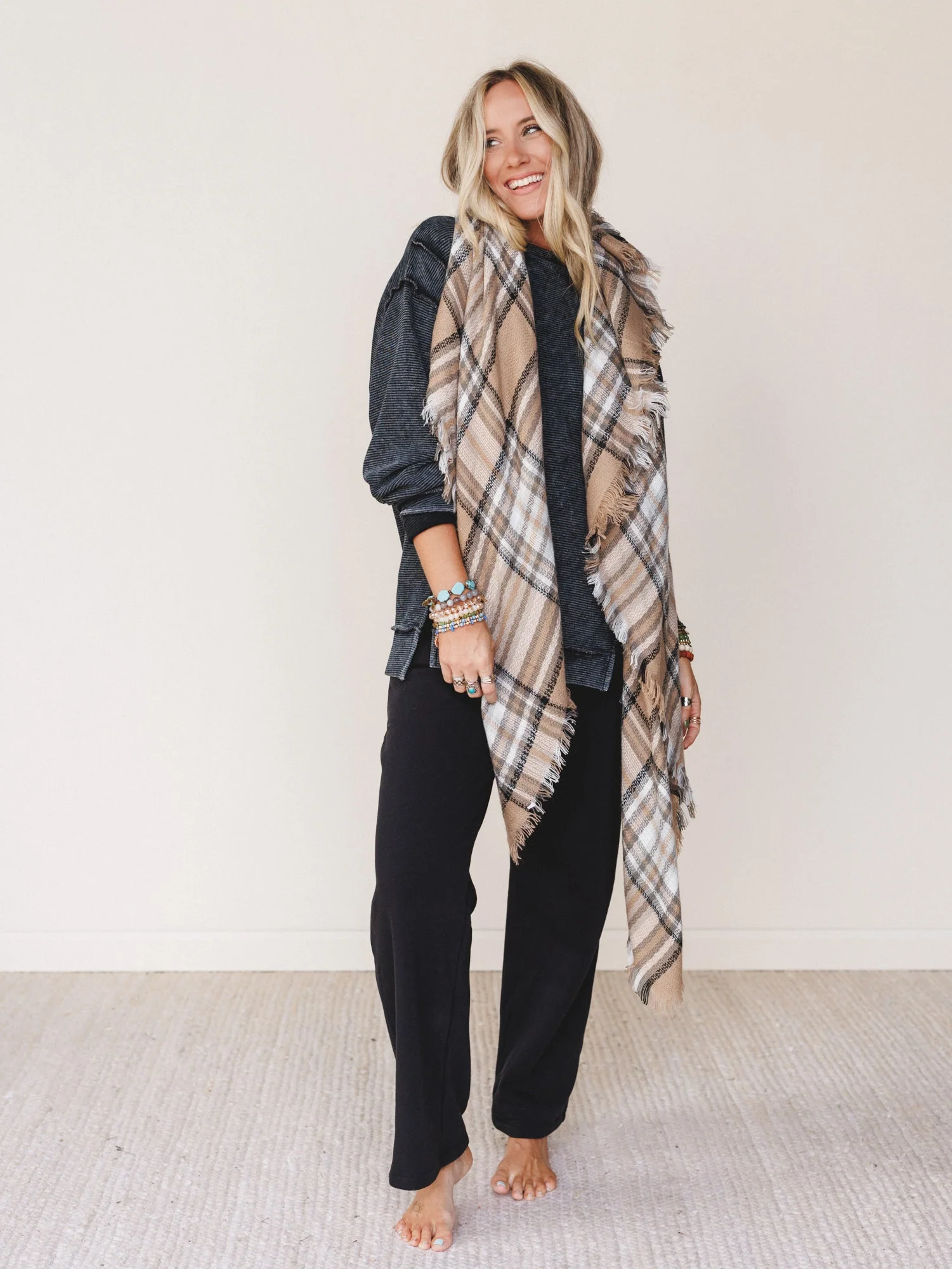 Plaid Blanket Scarf - Beige - Image 2