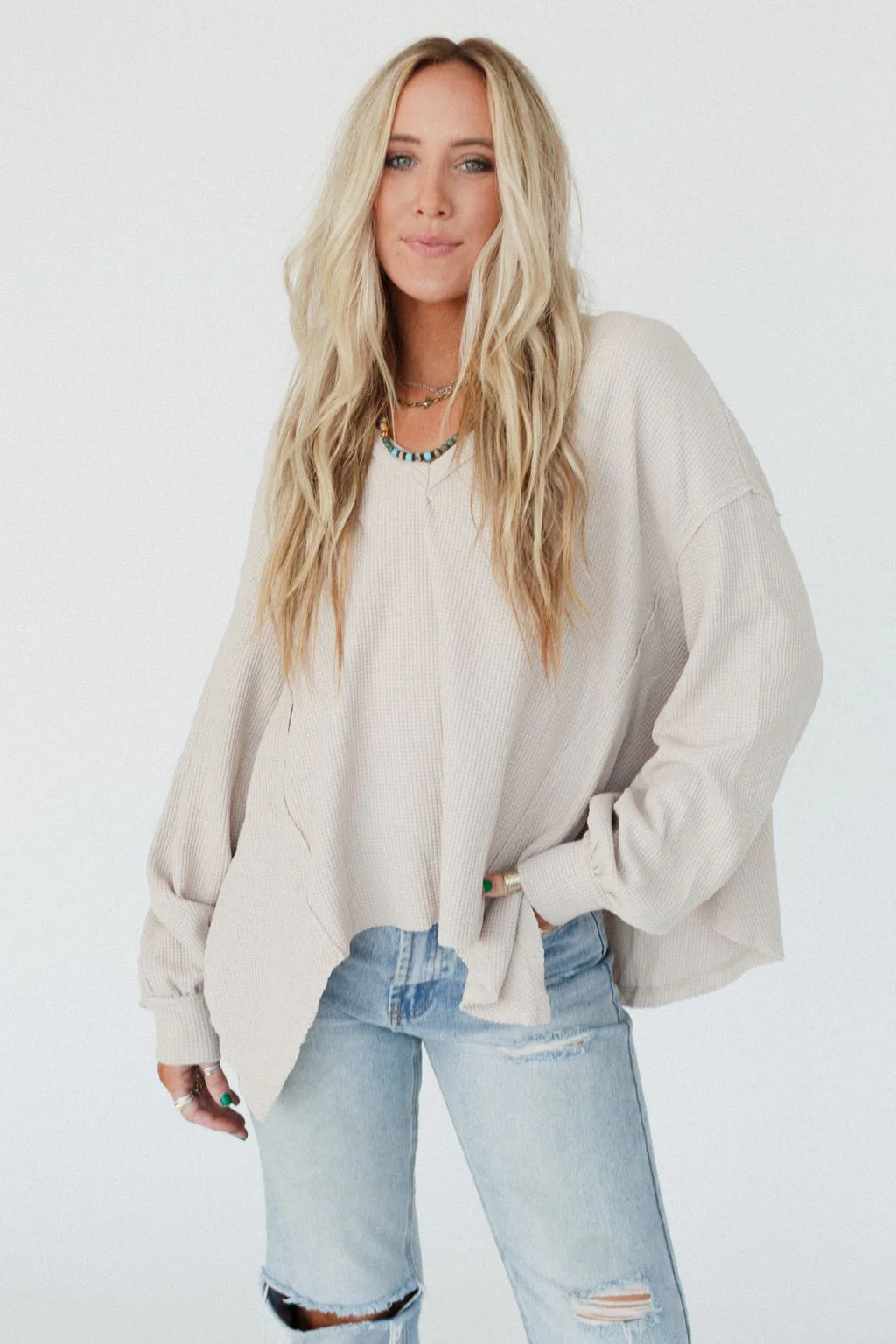 Poetry Thermal V Neck Top - Oatmeal - Pre Order