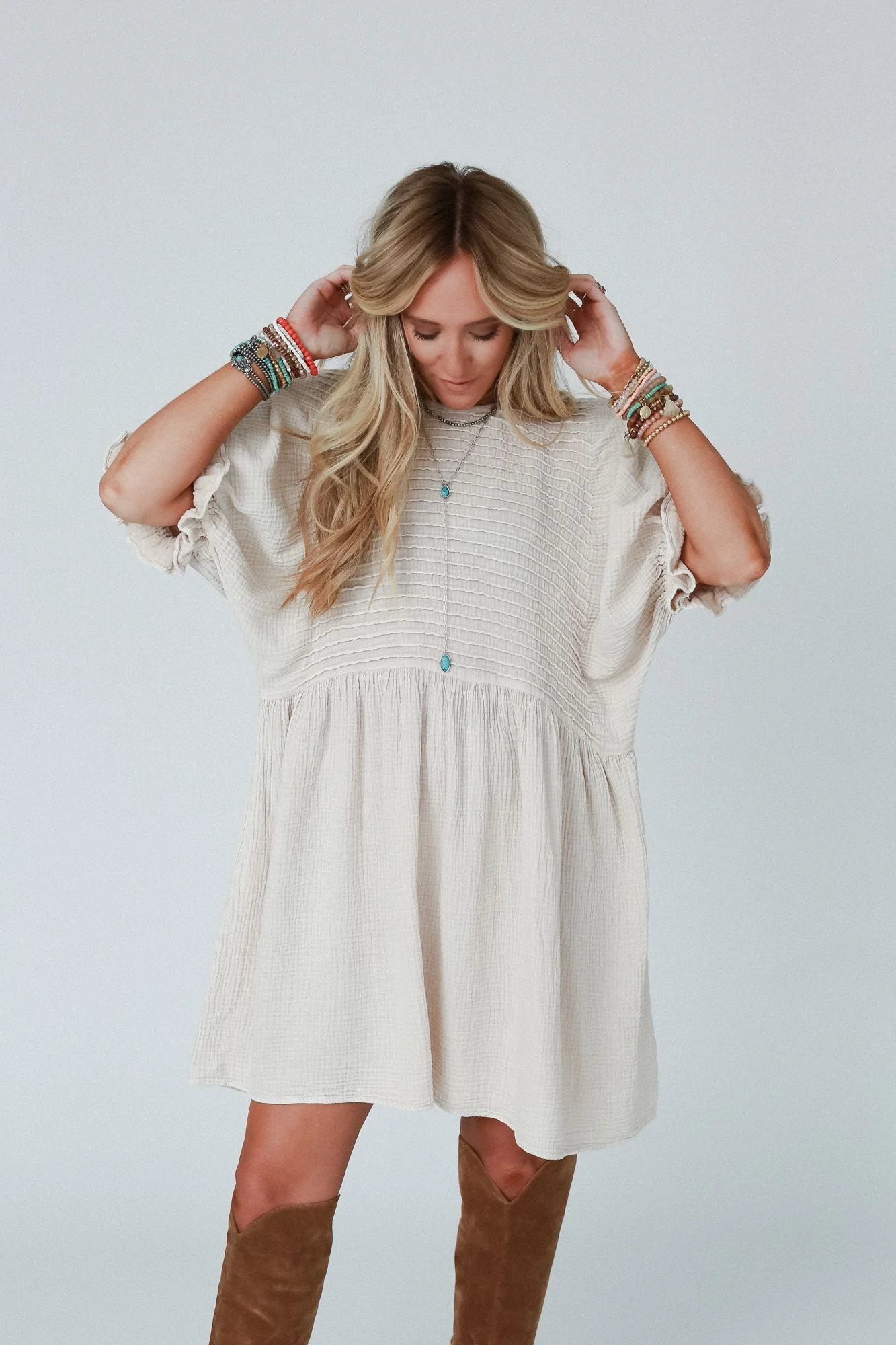 Quinn Puff Sleeve Mini Dress - Natural - Image 10