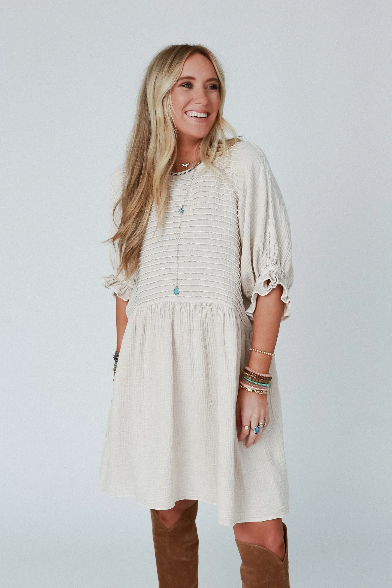 Quinn Puff Sleeve Mini Dress - Natural - Image 3