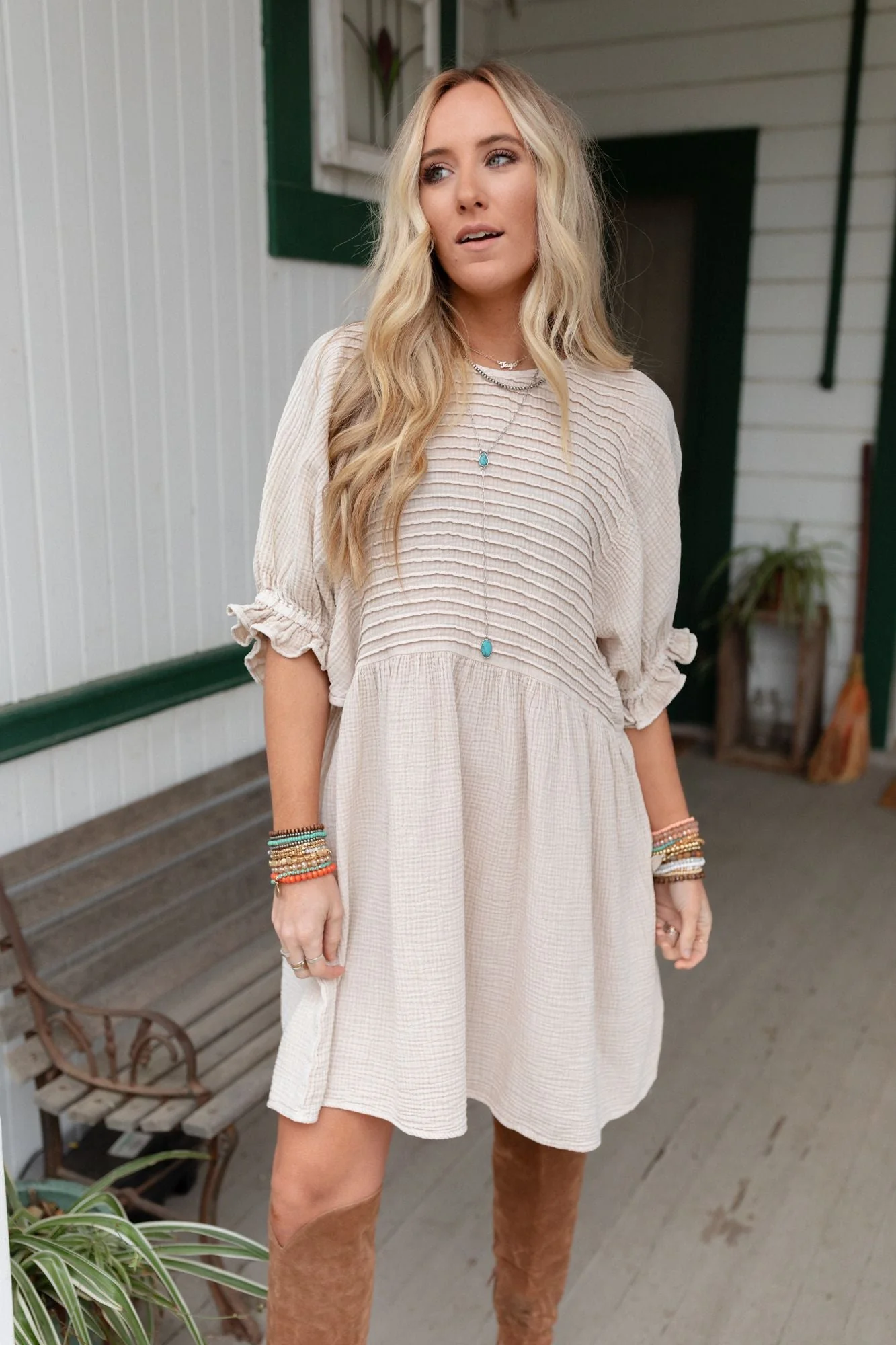 Quinn Puff Sleeve Mini Dress - Natural - Image 8