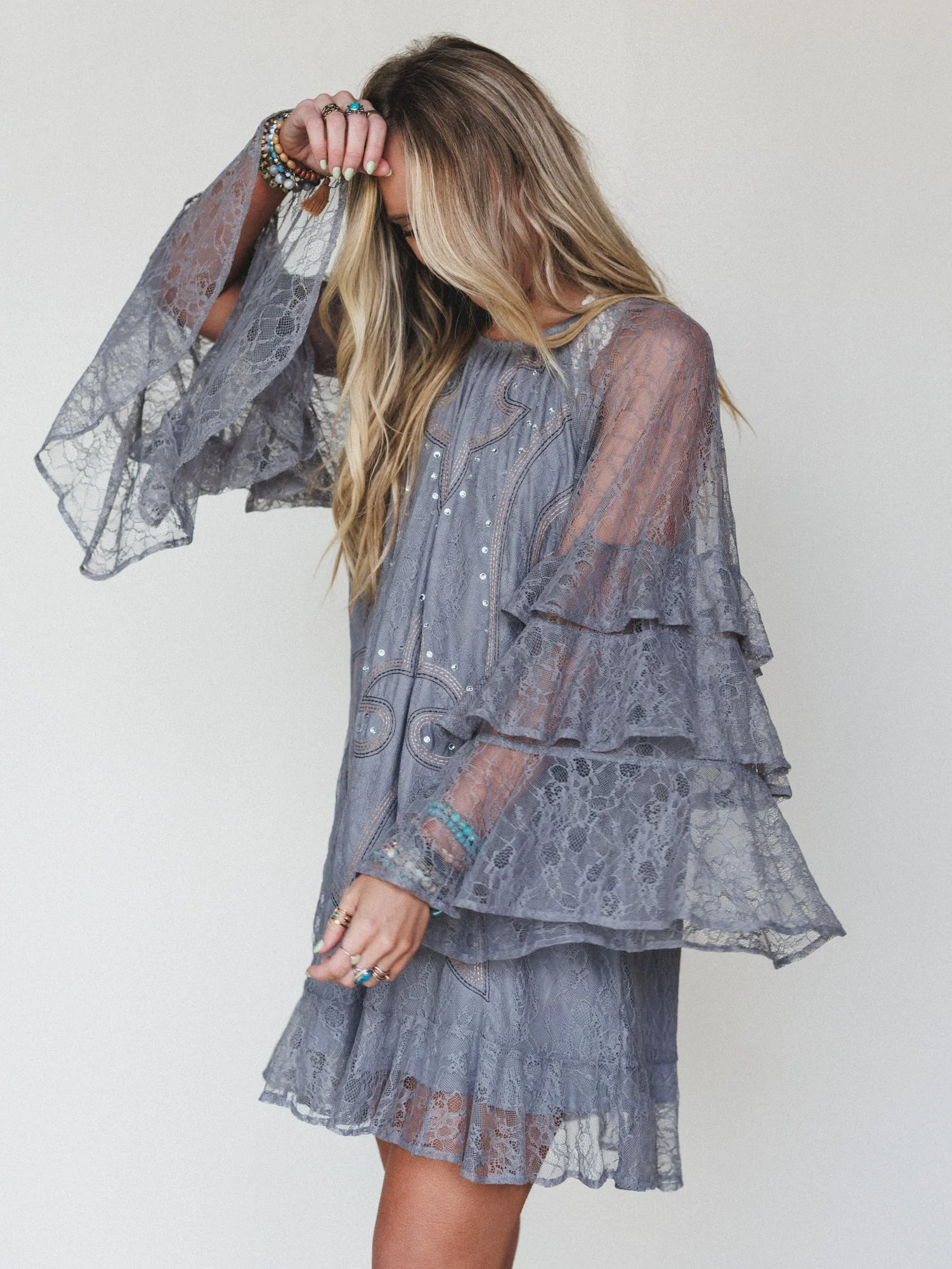 Rana Bell Lace Sleeve Dress - Grey - Image 4