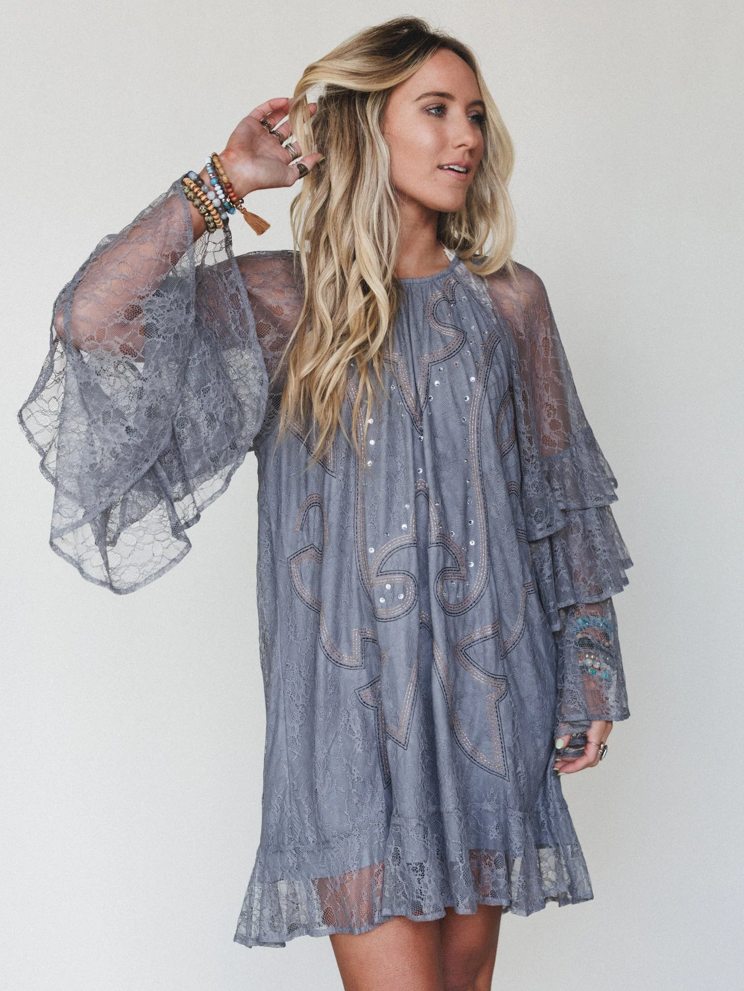 Rana Bell Lace Sleeve Dress - Grey - Image 7