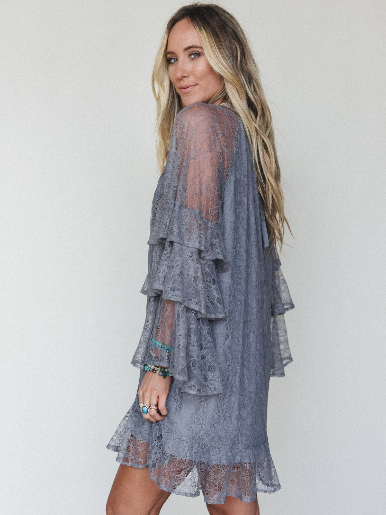 Rana Bell Lace Sleeve Dress - Grey - Image 9