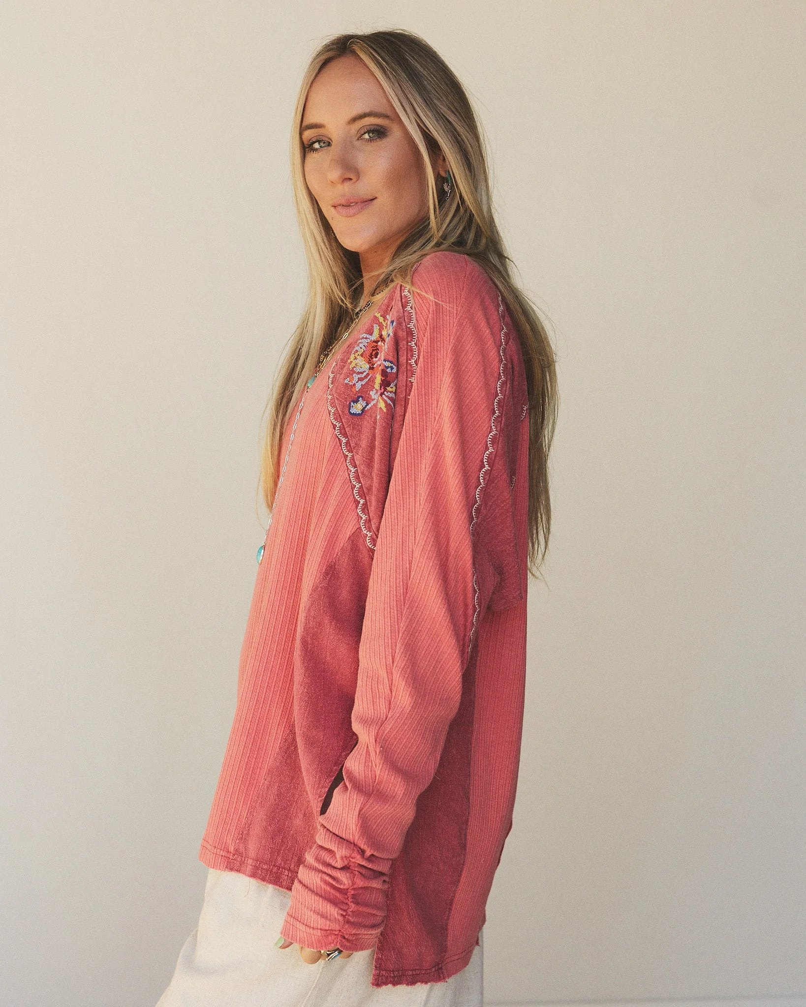 Rosebud Long Sleeve Embroidered Top - Rustic Red - Image 2