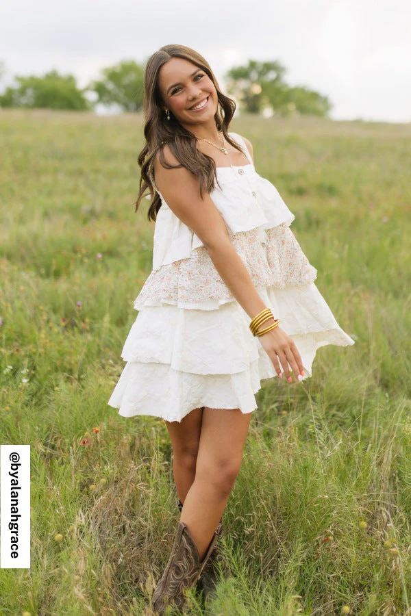 Rosette Layered Denim Dress - Ivory - Image 2