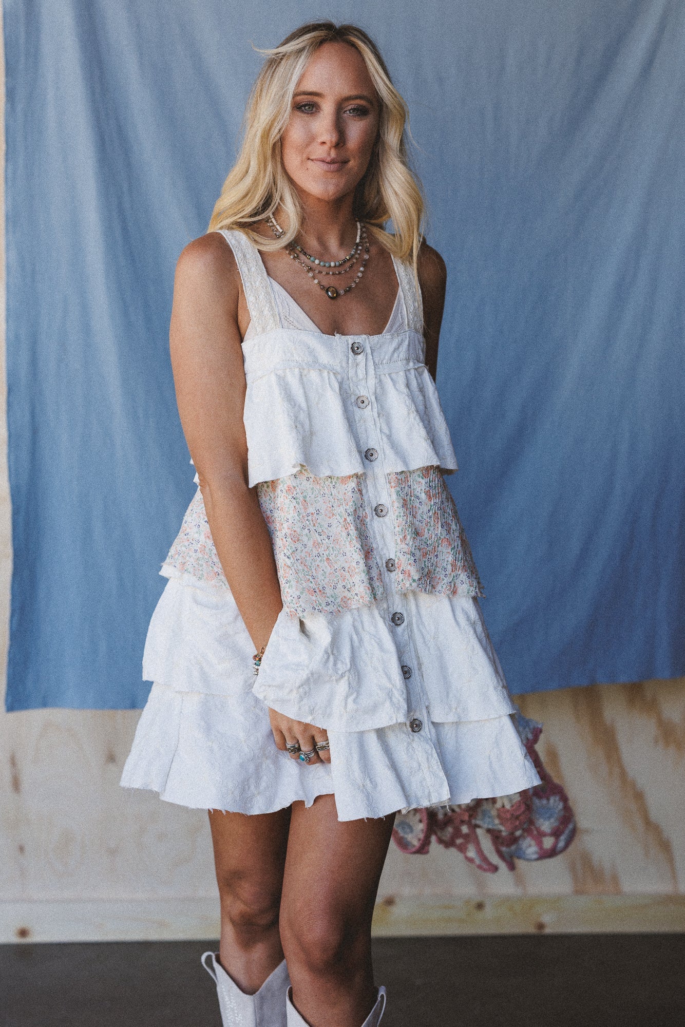 Rosette Layered Denim Dress - Ivory - Image 3