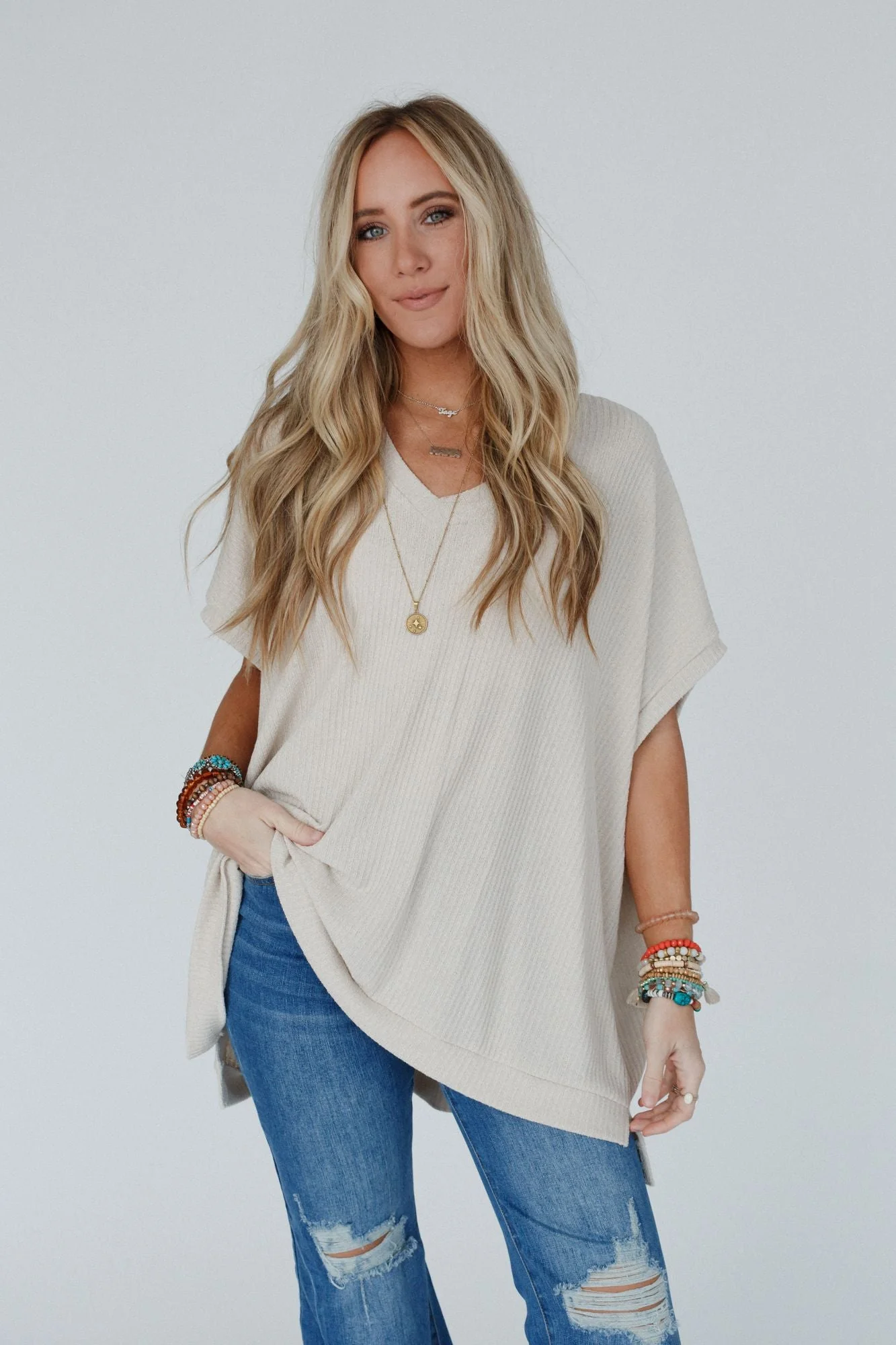 The Nest Rowan Oversized Ribbed Knit Top - Seashell - Image 4