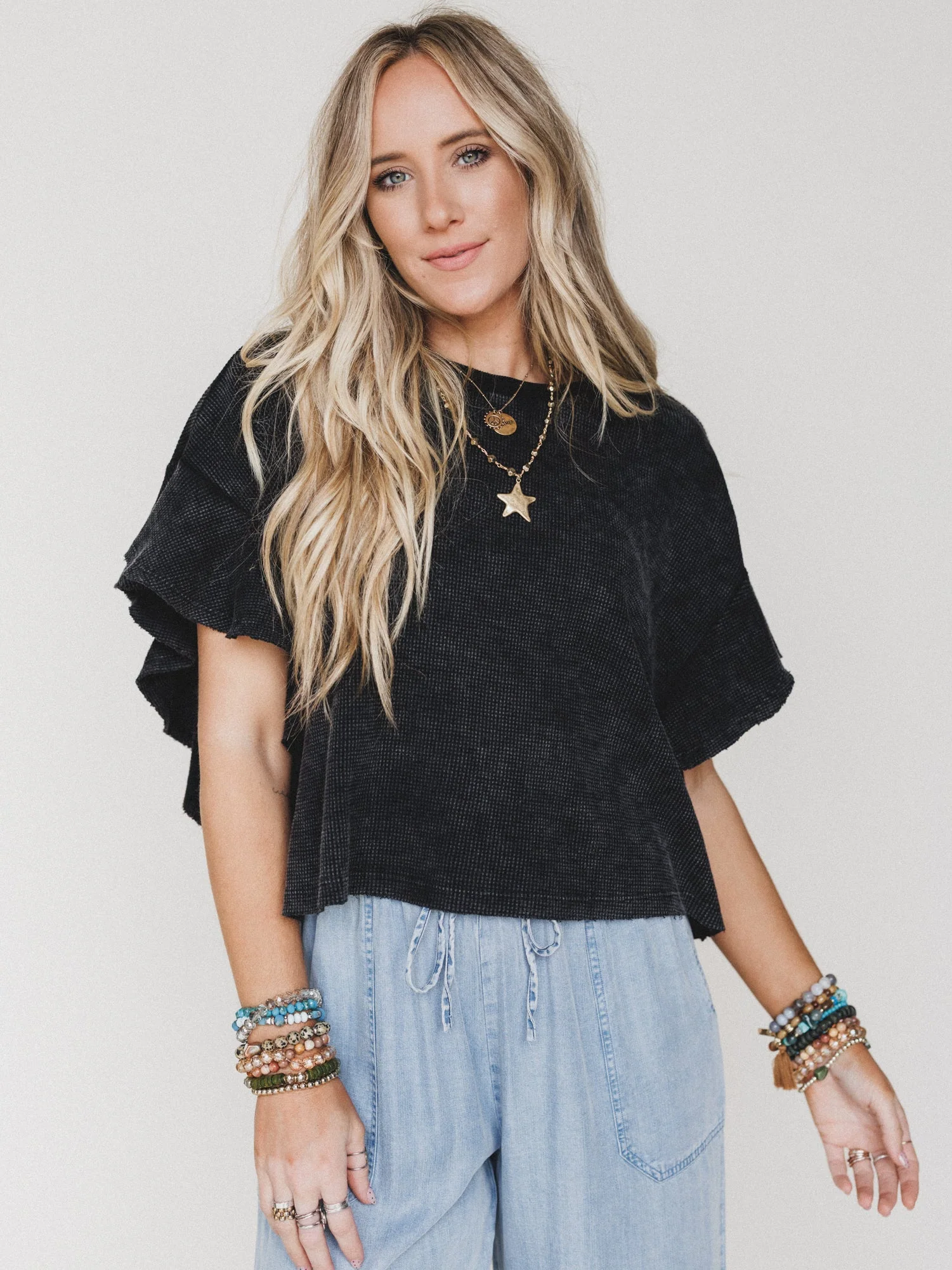 Ruffle Sleeve Tee - Ash Black - Image 5