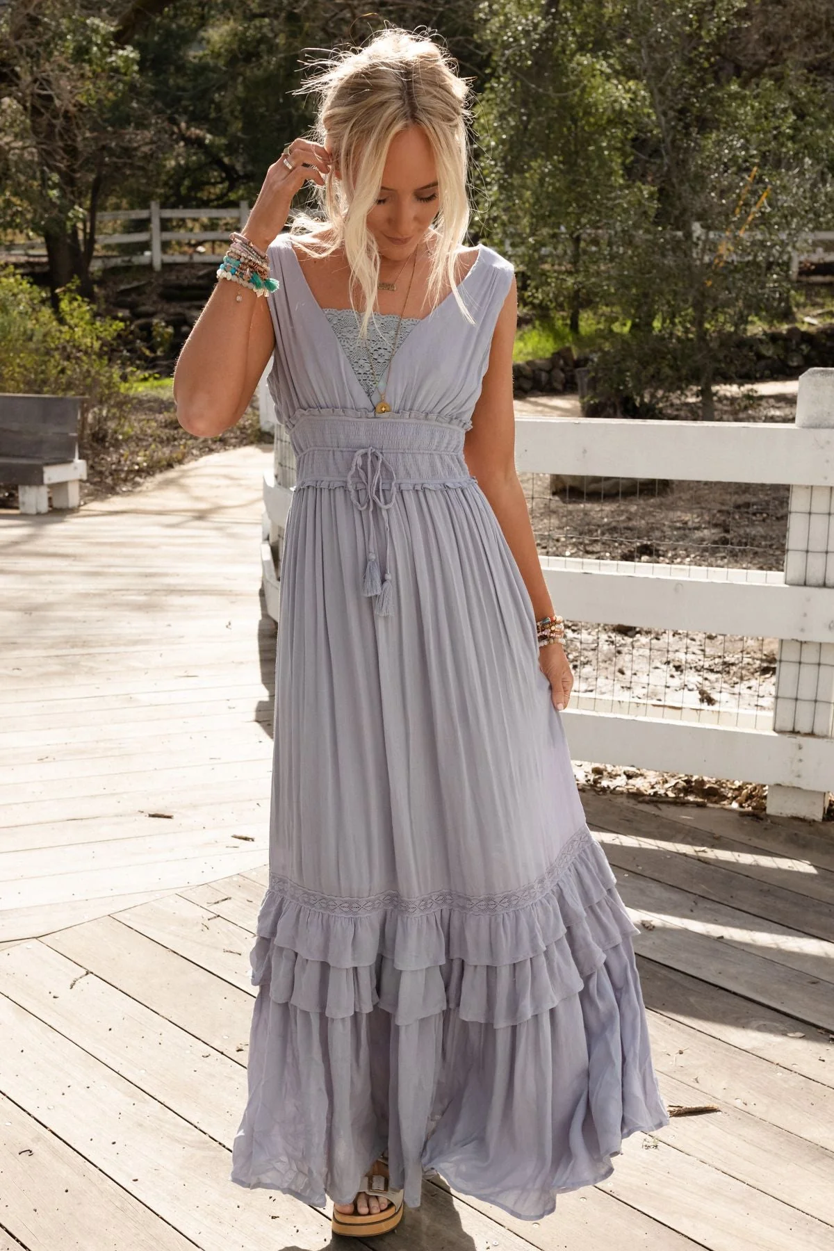 Santa Maria Tiered Lace Maxi Dress - Washed Gray - Image 11