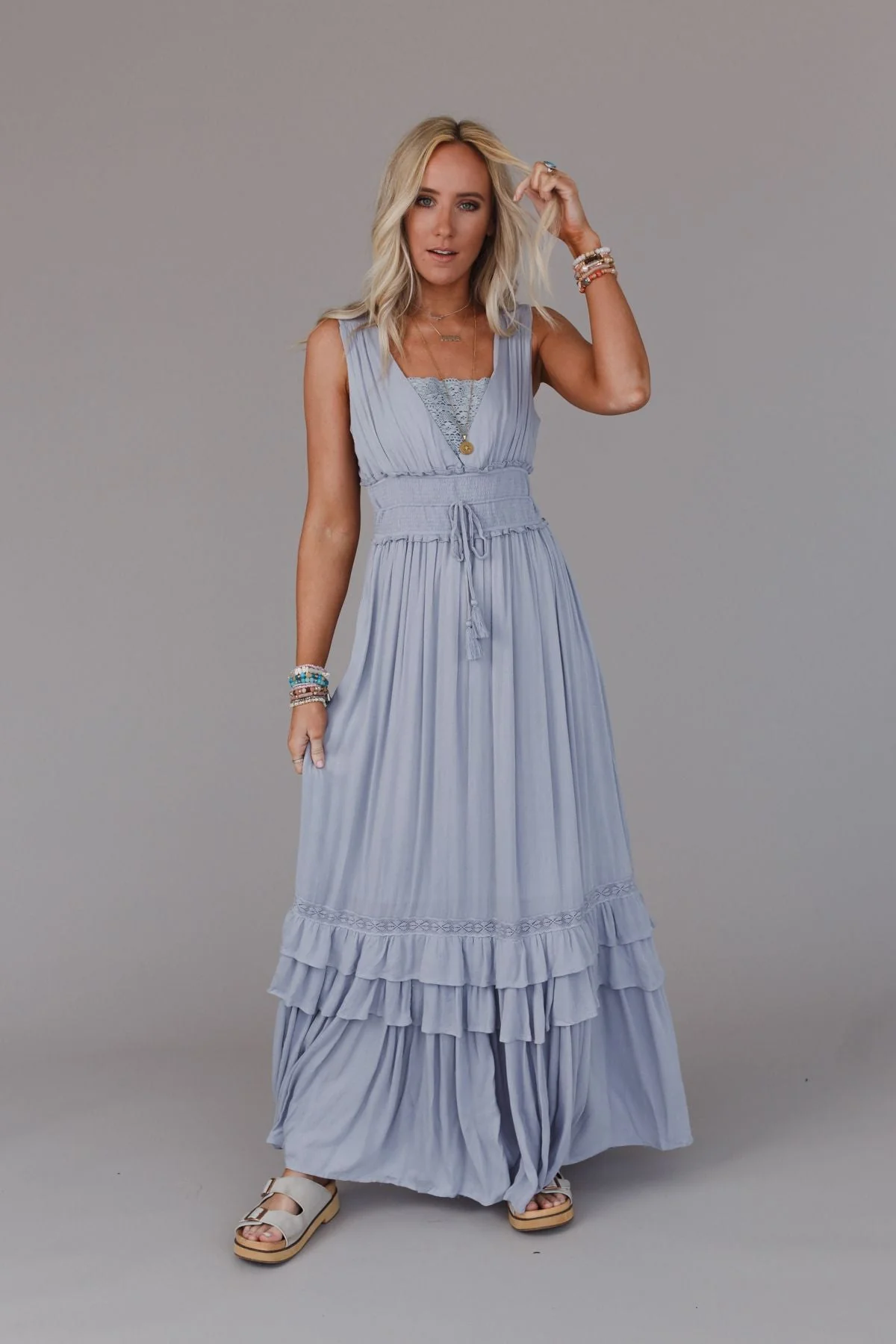 Santa Maria Tiered Lace Maxi Dress - Washed Gray - Image 8