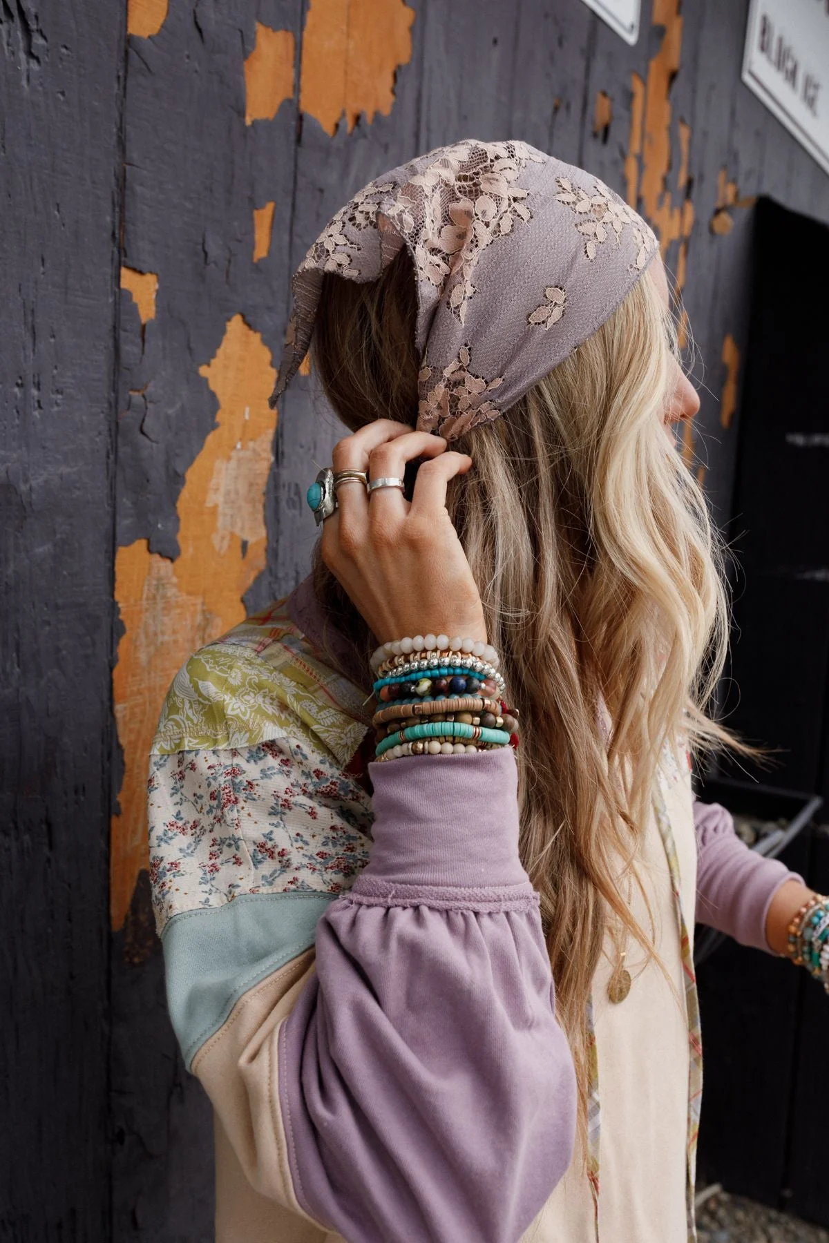 Sarah Floral Lace Headscarf - Gray - Image 12
