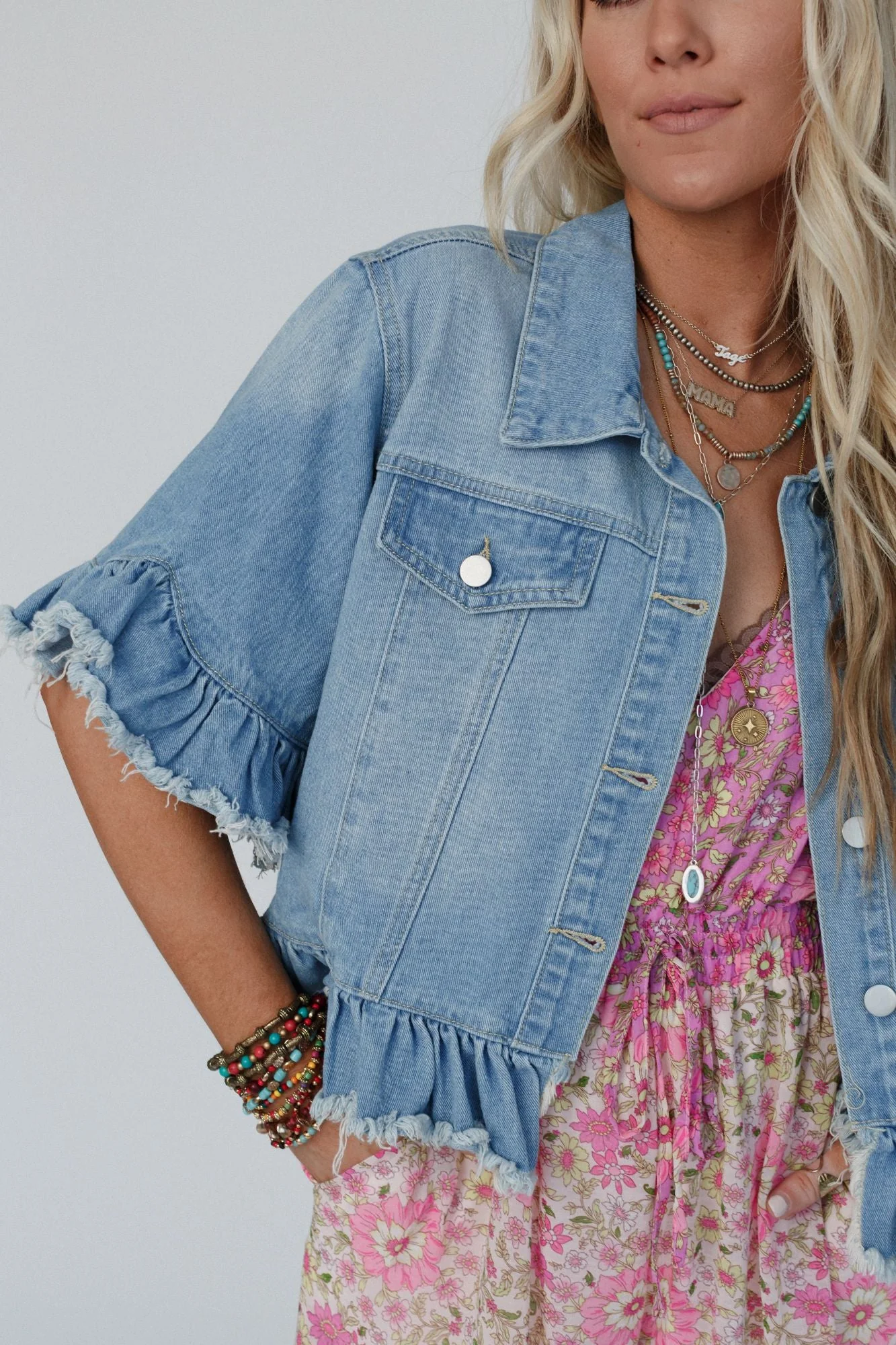Scottie Ruffle Denim Jacket - Light Denim - Image 5