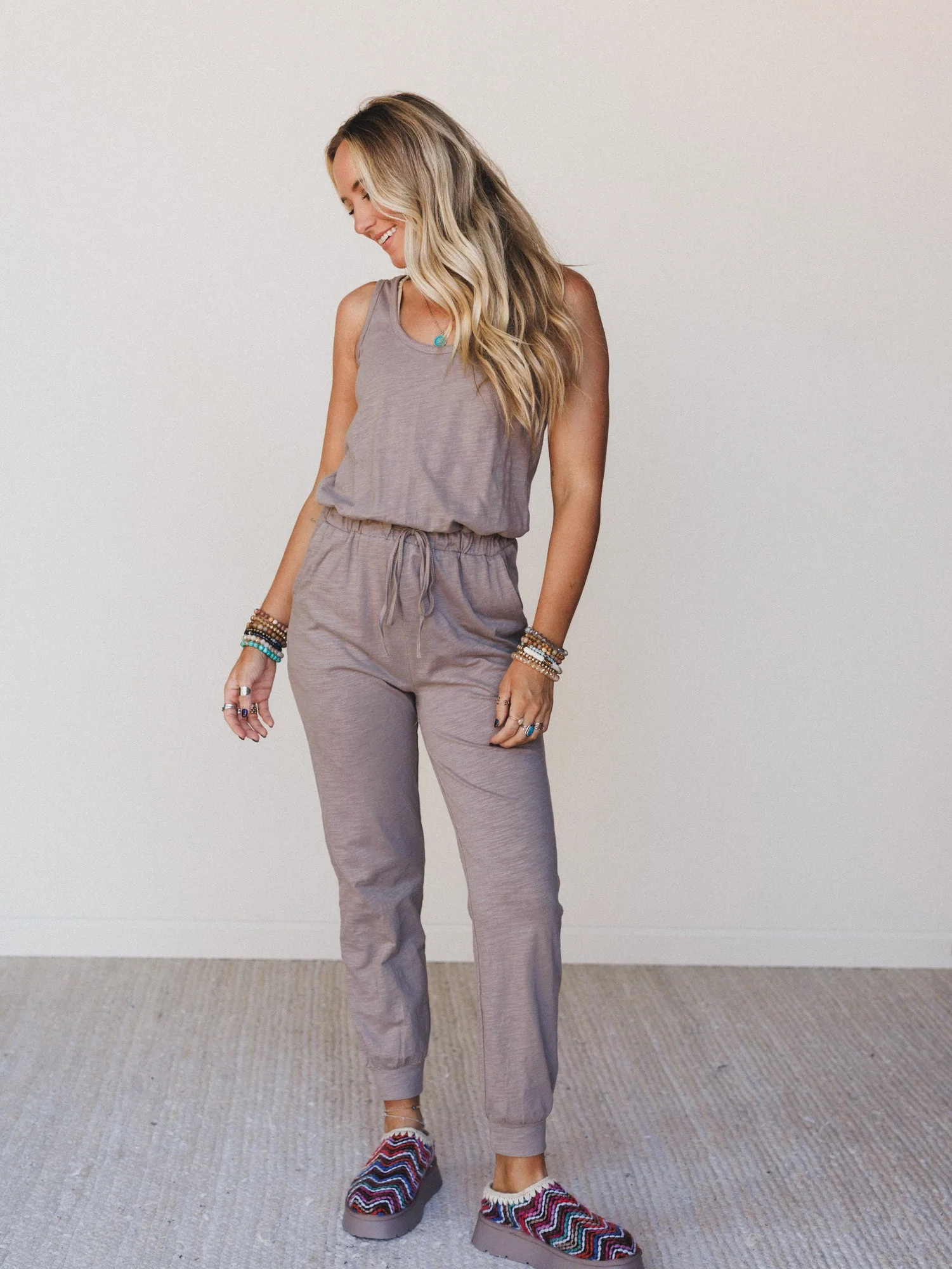 Set to Go Textured Jumpsuit And Cardigan Set - Mocha - Image 2