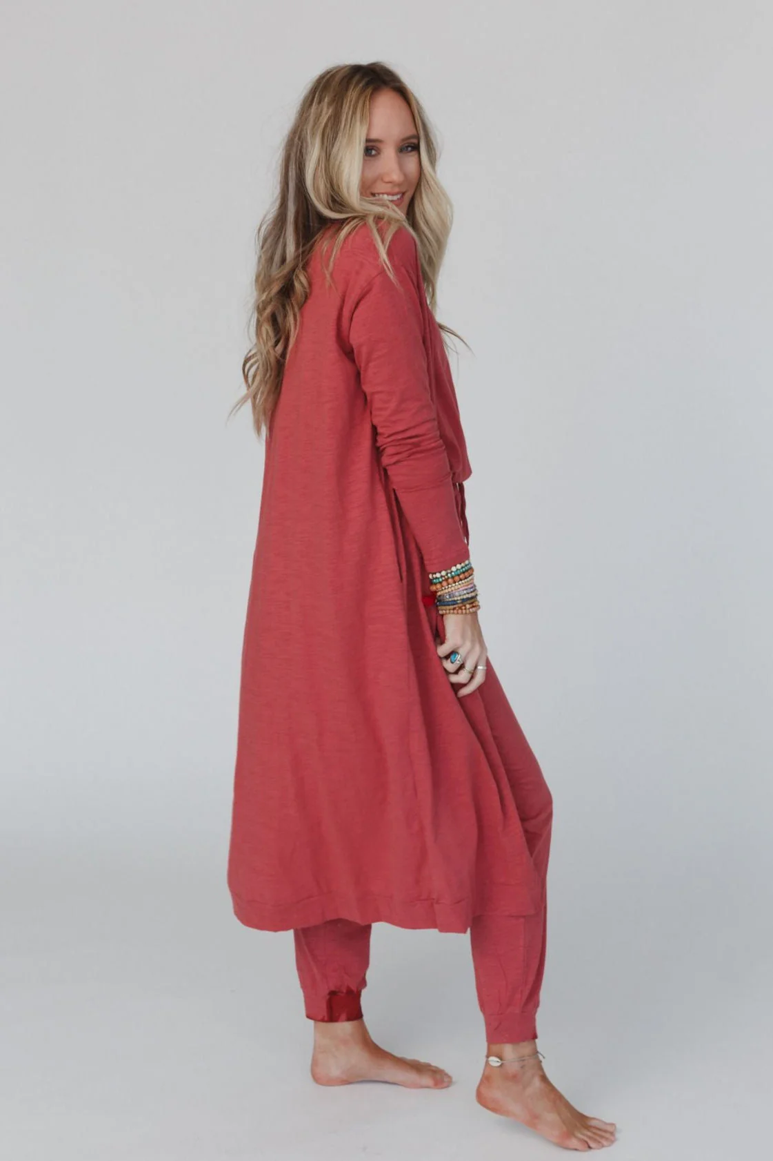 Set to Go Textured Jumpsuit And Cardigan Set - Deep Rust - Image 3