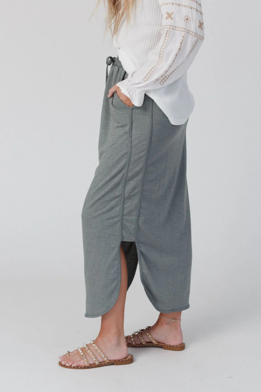 The Nest So Comfy Drawstring Maxi Skirt - Light Olive - Image 3