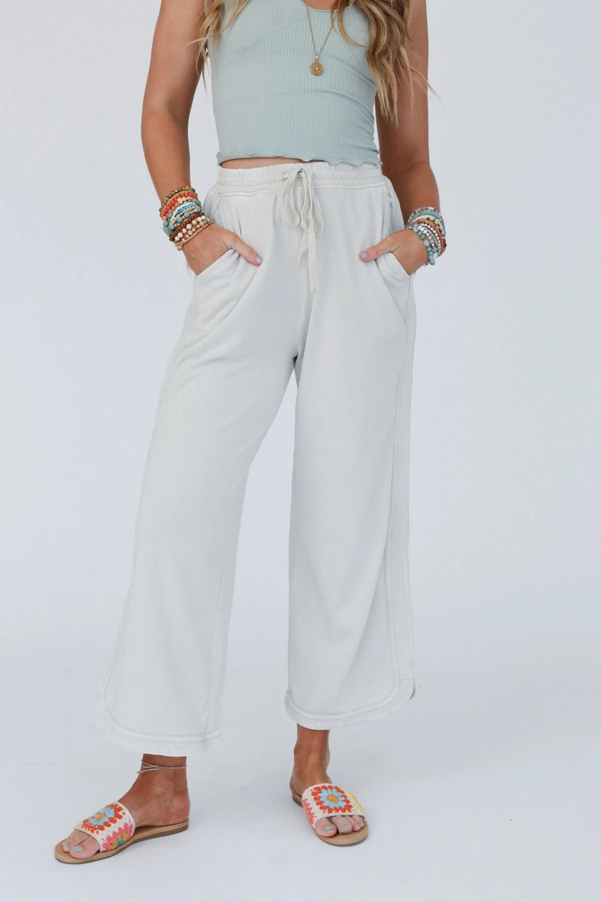 So Comfy Wide Leg Pant Cropped Length - Beige - Pre Order